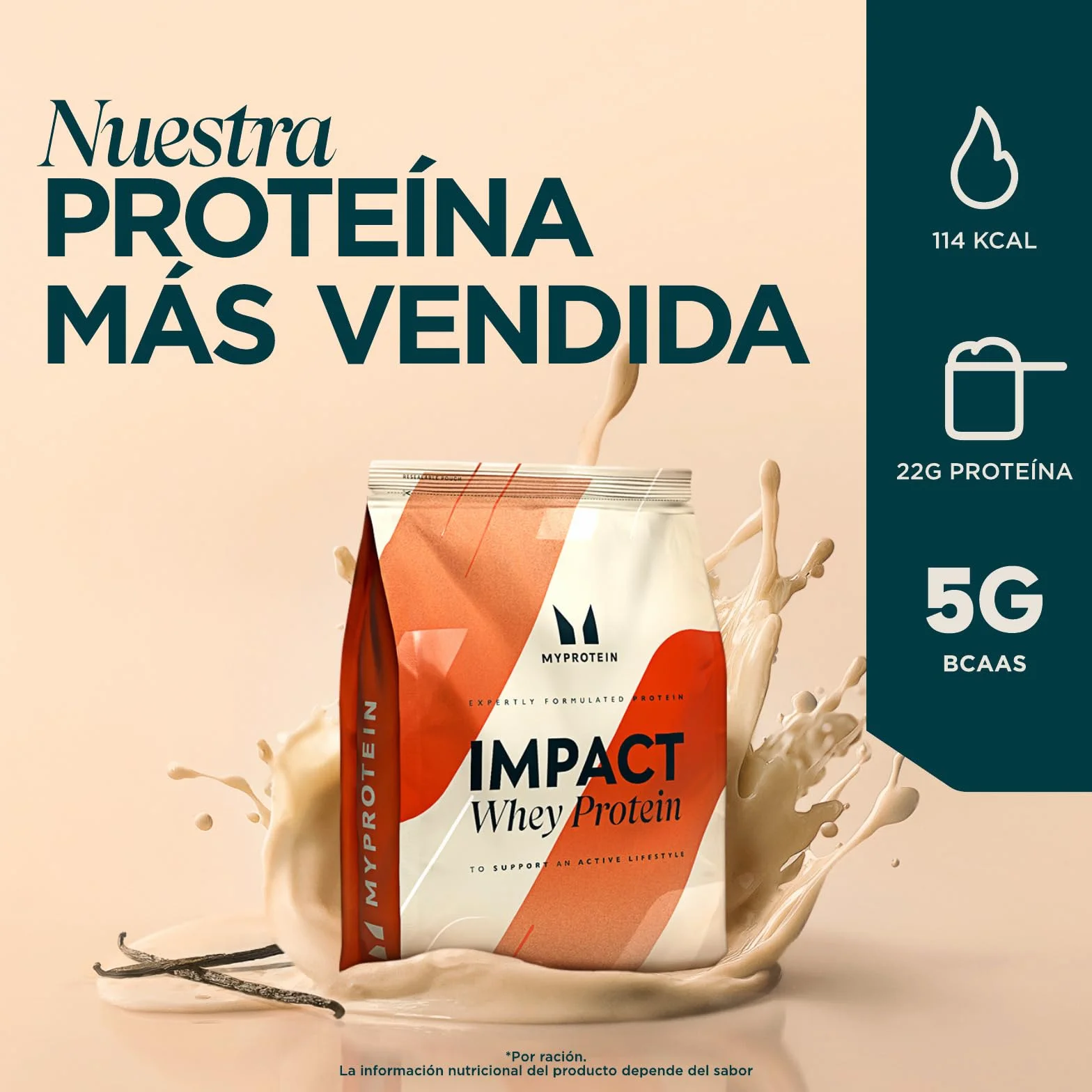 Myprotein Impact Proteína de suero en polvo Vainilla 1 kg 23 g proteína por porción Bajo en azúcar y grasas