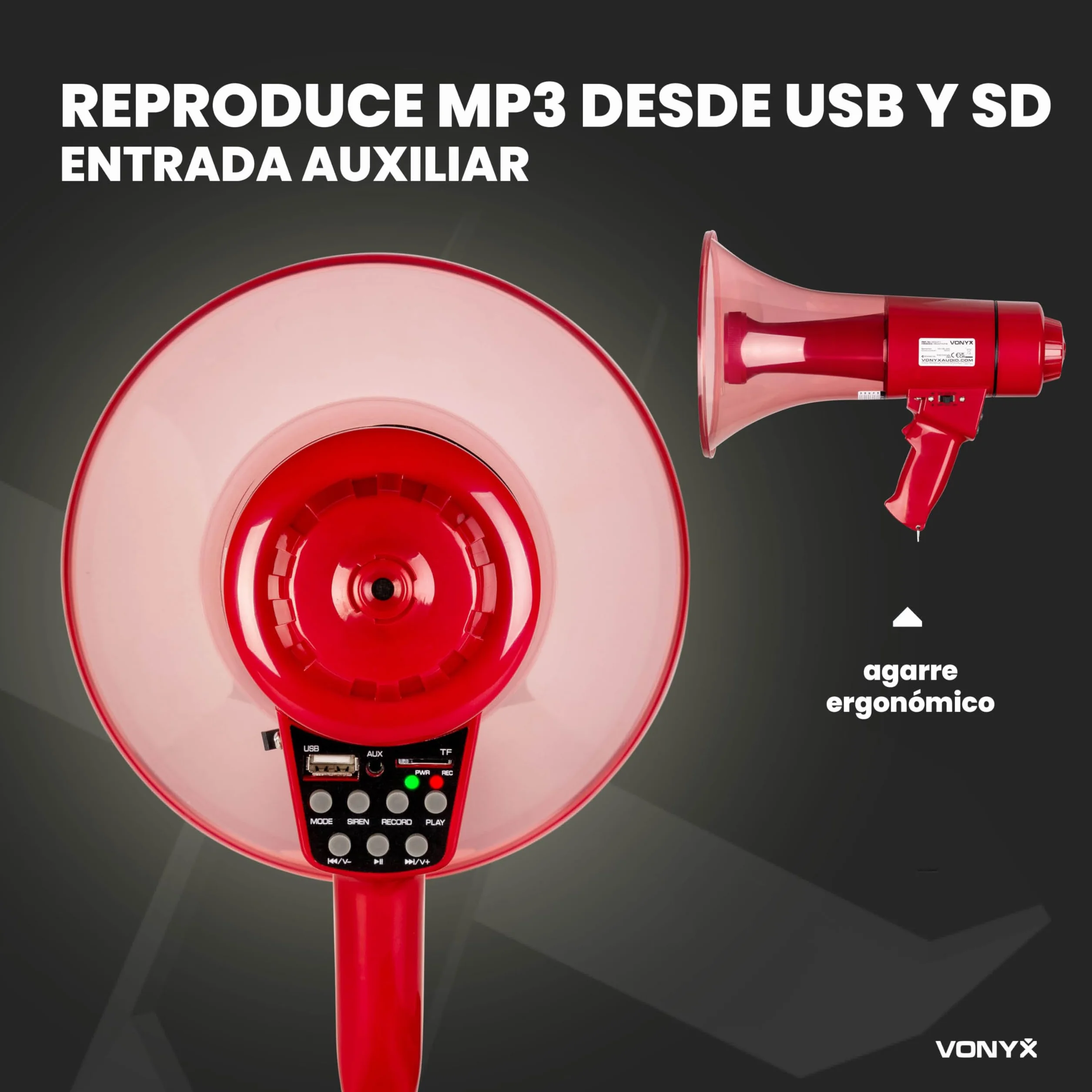 Vonyx MEG050 Megáfono 50W 1000m Alcance Batería Recargable Sirena Micrófono LED Bluetooth MP3 USB SD AUX Rojo