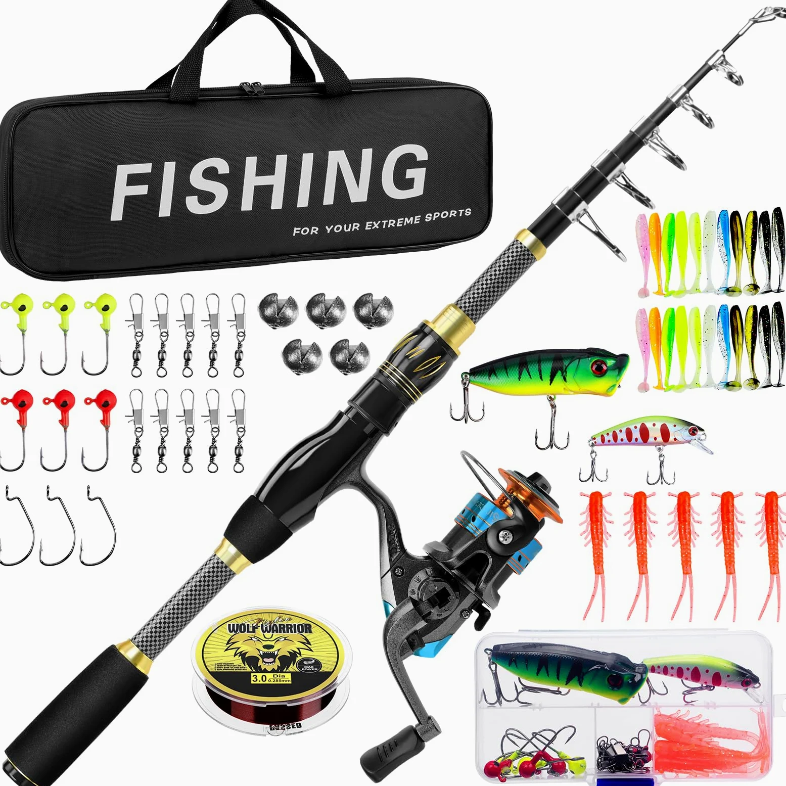 Ertisa Caña de pescar Spinning, 2,1 m de fibra de carbono, cañas de pescar telescópicas, set combinado caña de spinning y carrete de pesca cebo de pesca, kit de bolsa de transporte para mar y agua