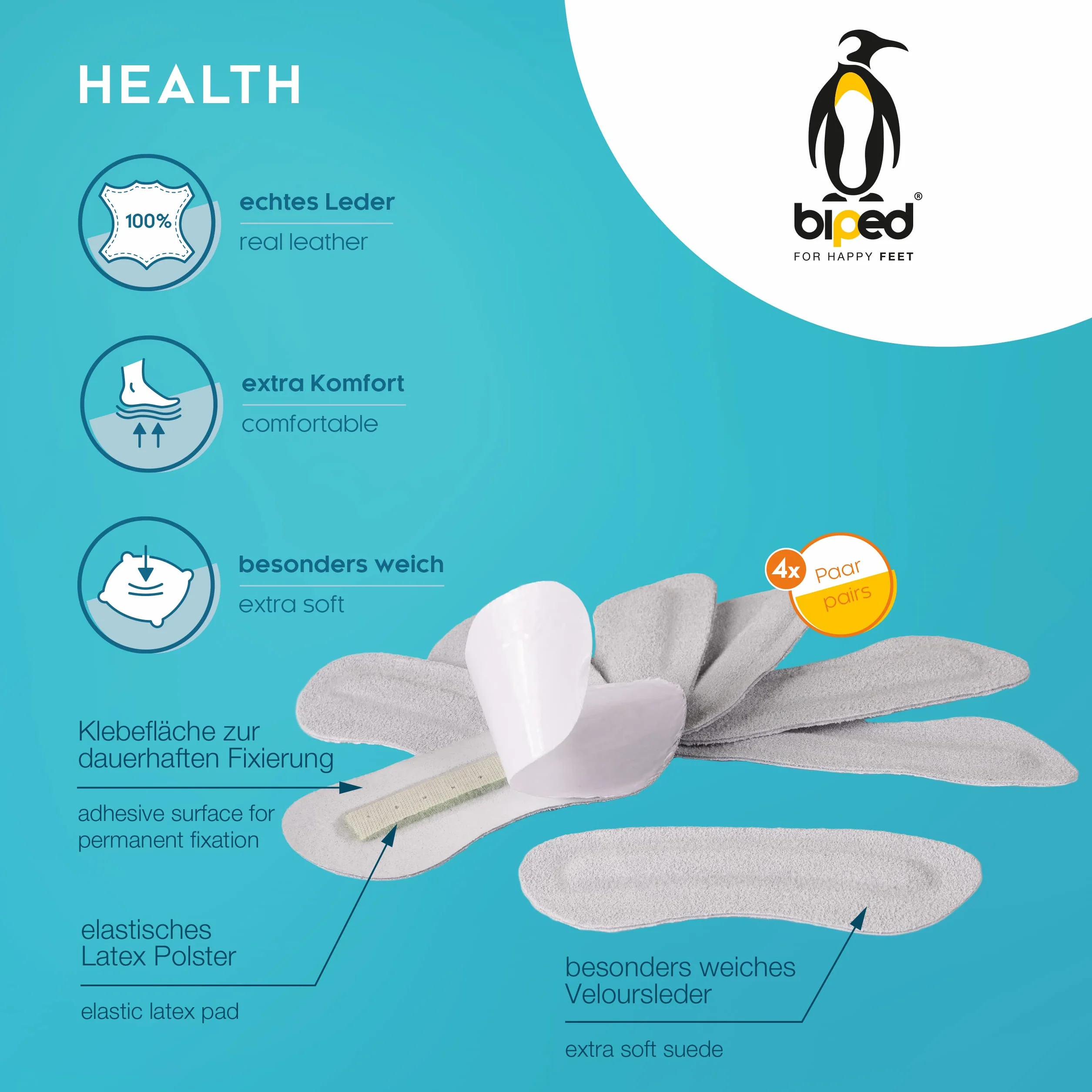 biped HEALTH 4 pares taloneras antideslizantes autoadhesivas suave piel de velour