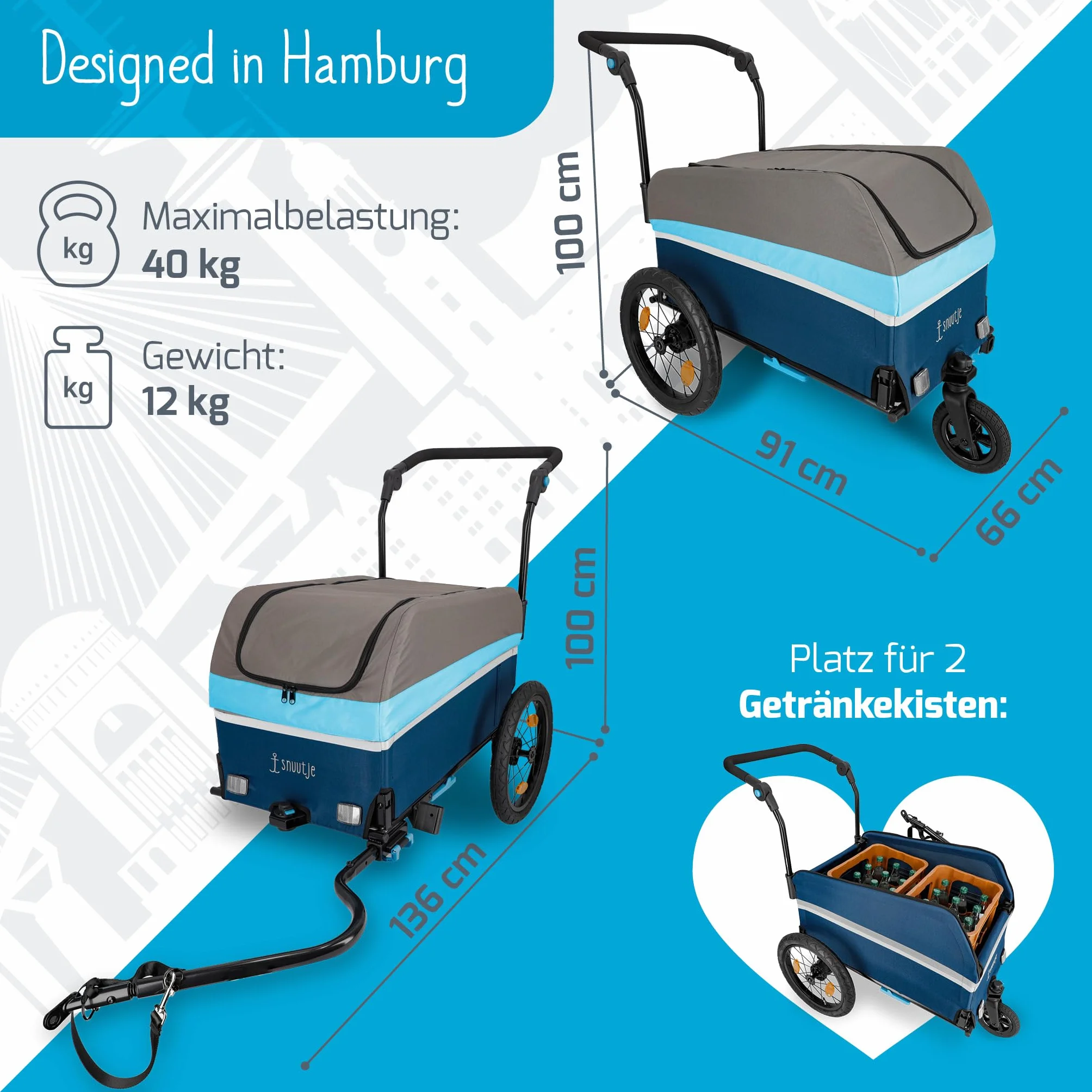 Carro con ruedas (2 en 1, remolque para bicicletas) | Carro de transporte plegable | Remolque para ebike | Función Jogging | Camping, Festival, Jardín | con bandas reflectantes