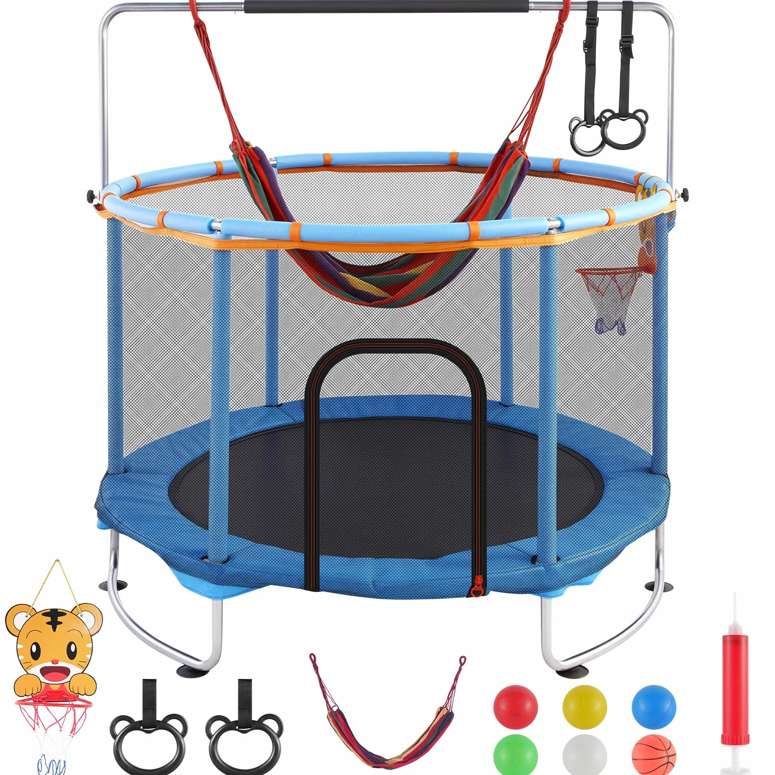 Trampolín infantil de 150 cm, altura ajustable, para interior y exterior, con red de seguridad y barra de gimnasia, 200 kg, con canasta de baloncesto, columpio y anillos, regalo para niñas