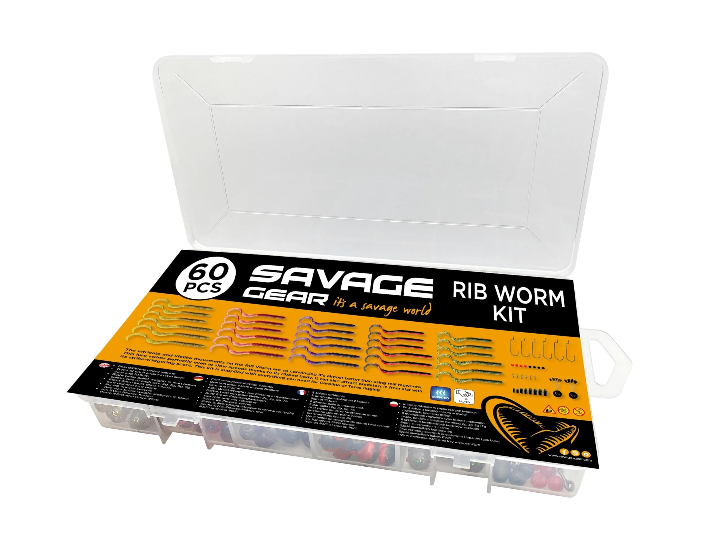 Savage Gear Rib Worm Kit - Gusanos acanalados realistas para Bass, Perca y Zander - Ideal para Carolina y Texas Rigging - Incluye pesos, anzuelos y cuentas para la pesca de agua dulce y salada Variado