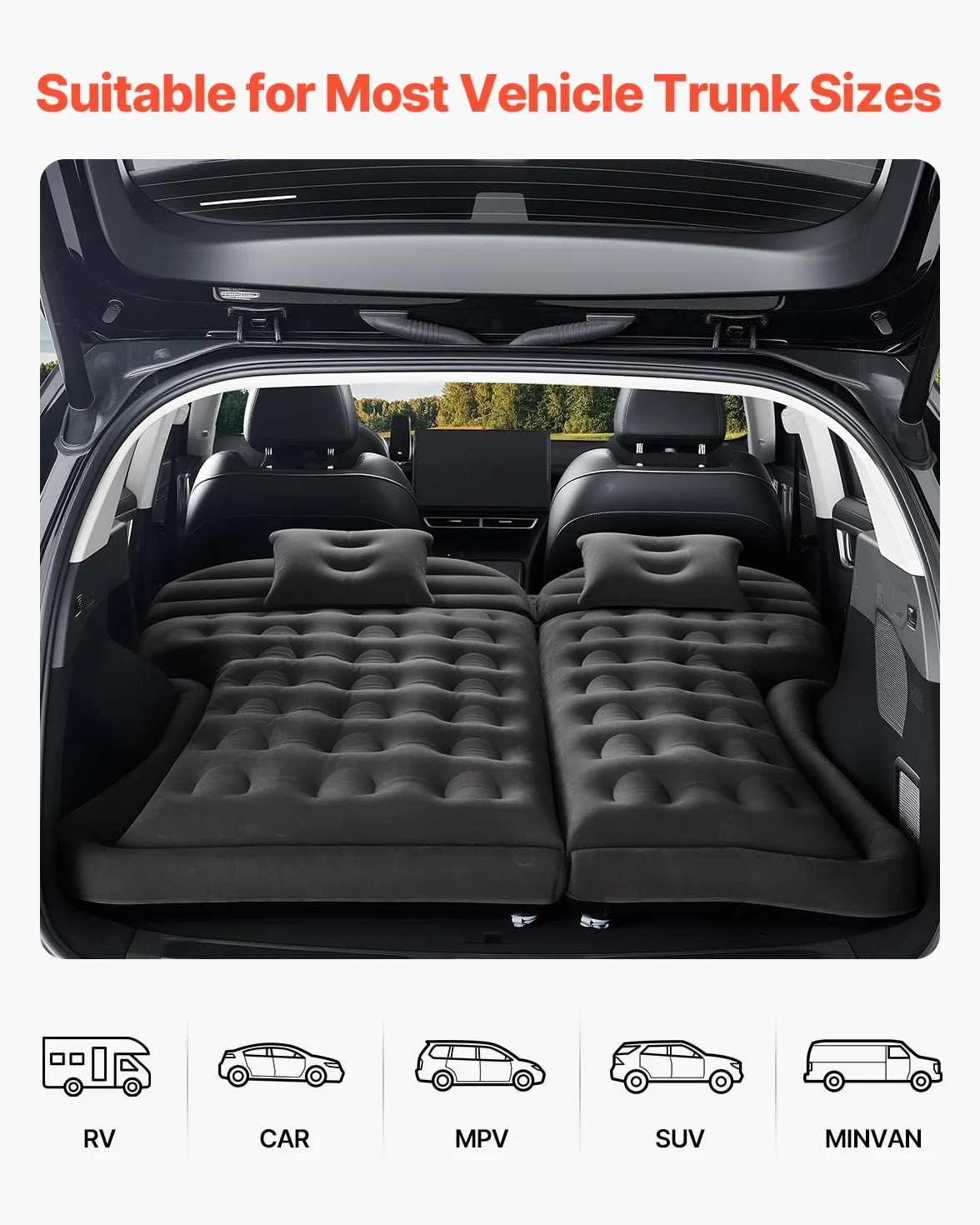 VEVOR Colchón Inflable de Camping para Coche, Grueso y Aterciopelado, Duradero con Bomba de Aire, 2 Almohadas, Boquilla y Bolsa de Transporte, para SUV, MPV y Sedán, Negro, 1750 x 1330 x 150 mm