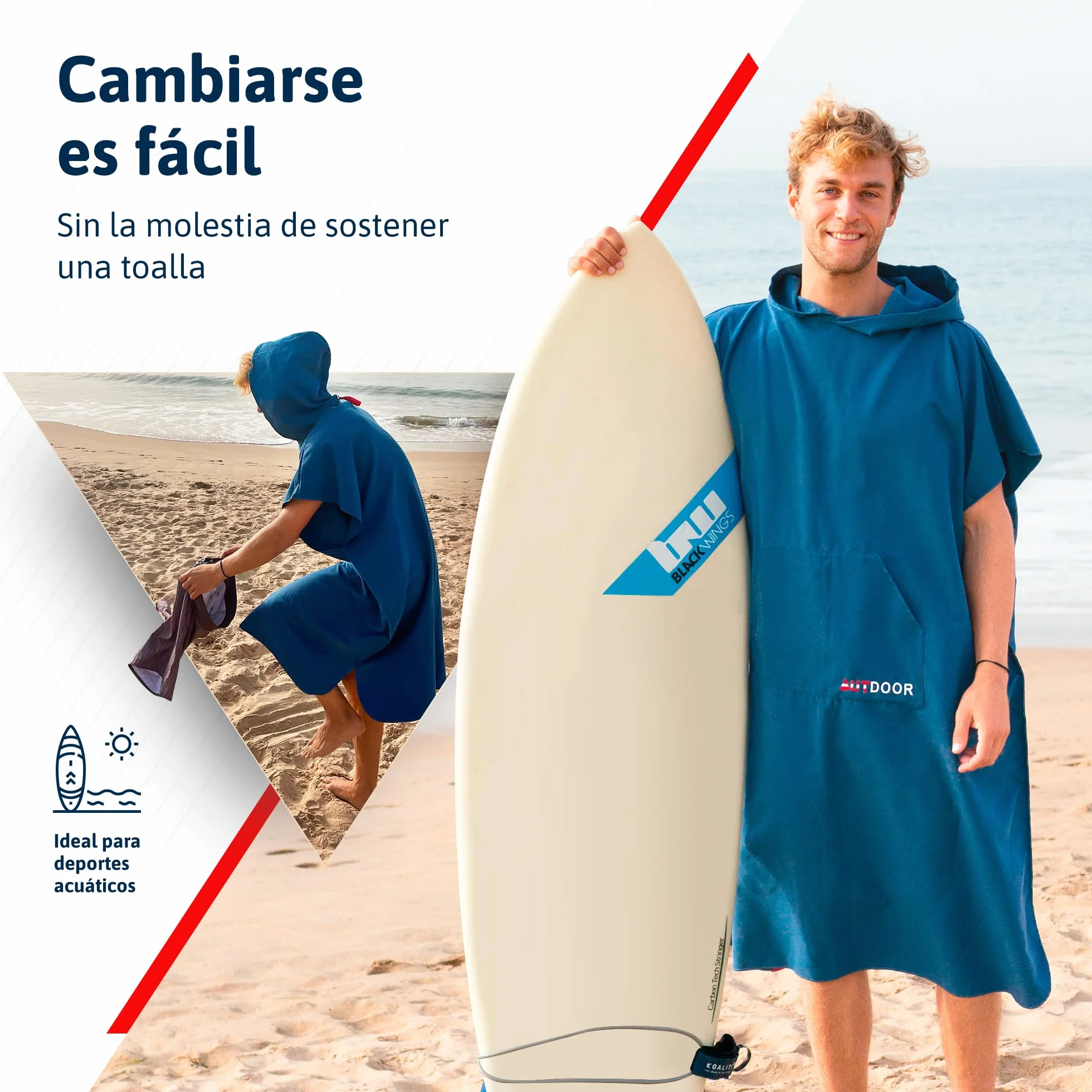 AUTDOOR® Poncho Surf - Fabricado a Partir de Botellas de plástico recicladas - Toalla de Piscina compacta, Ligera y de Secado rápido Ideal para natación y Deportes acuáticos (Azul, Mediano)
