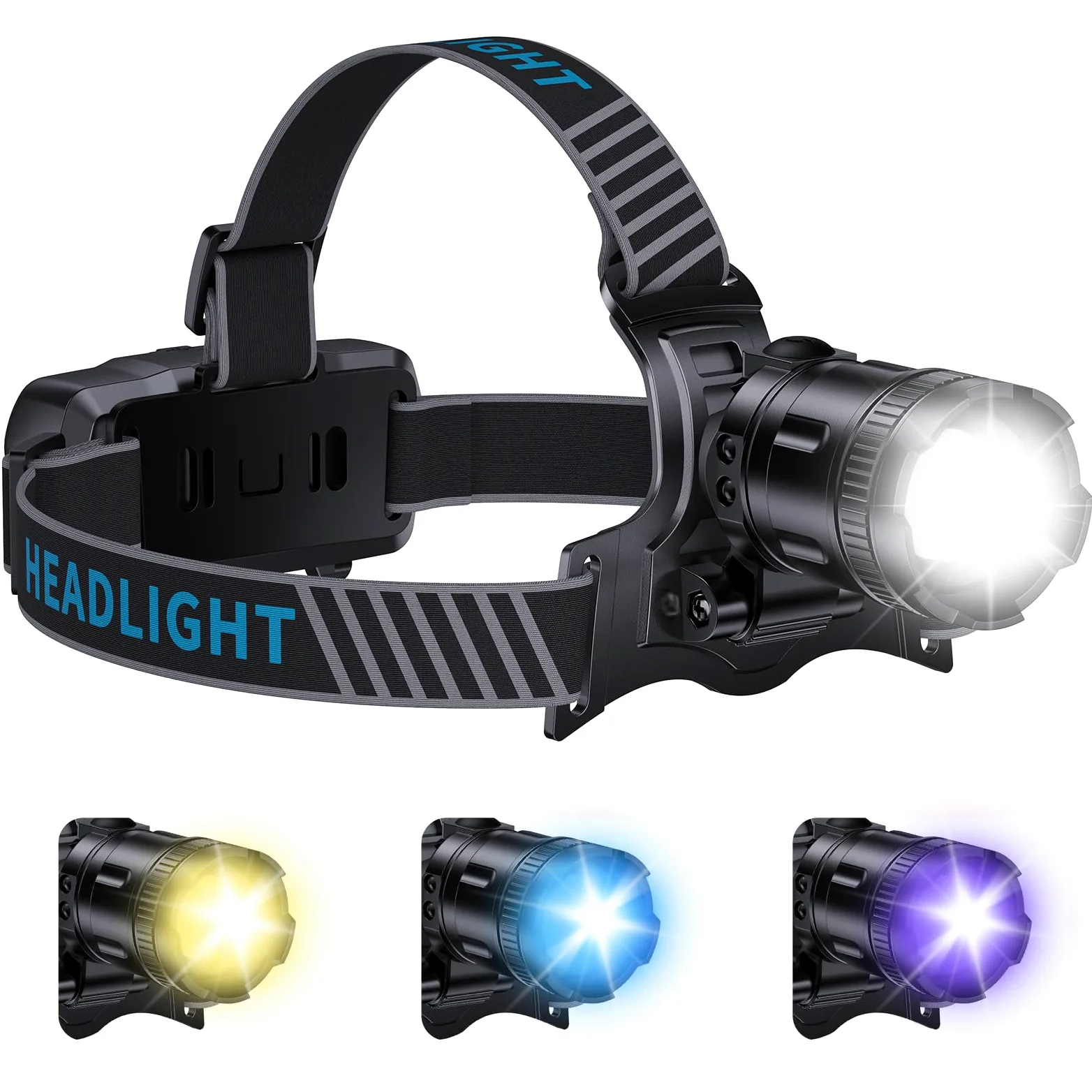 YNYS Linterna frontal de pesca recargable, 2000 lúmenes, 4 colores, UV, LED, con zoom, súper brillante, con sensor de movimiento y ajustable a 90° para la frente de adultos, pesca, caza, camping