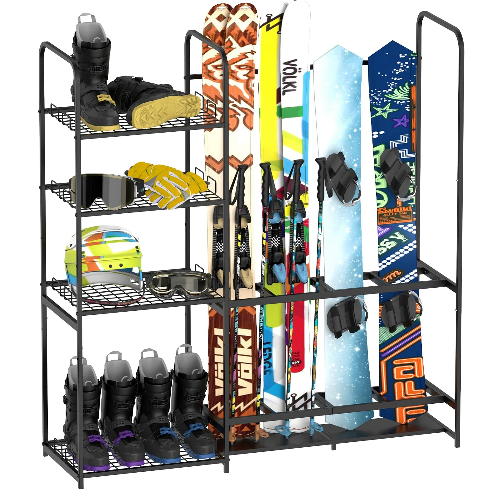 Estante de esquí independiente para garaje - Almacena 4 pares de esquís, soporte ajustable para botas de esquí, organiza esquís, botas, bastones, gafas, cascos y equipo, ideal para garaje, cobertizo