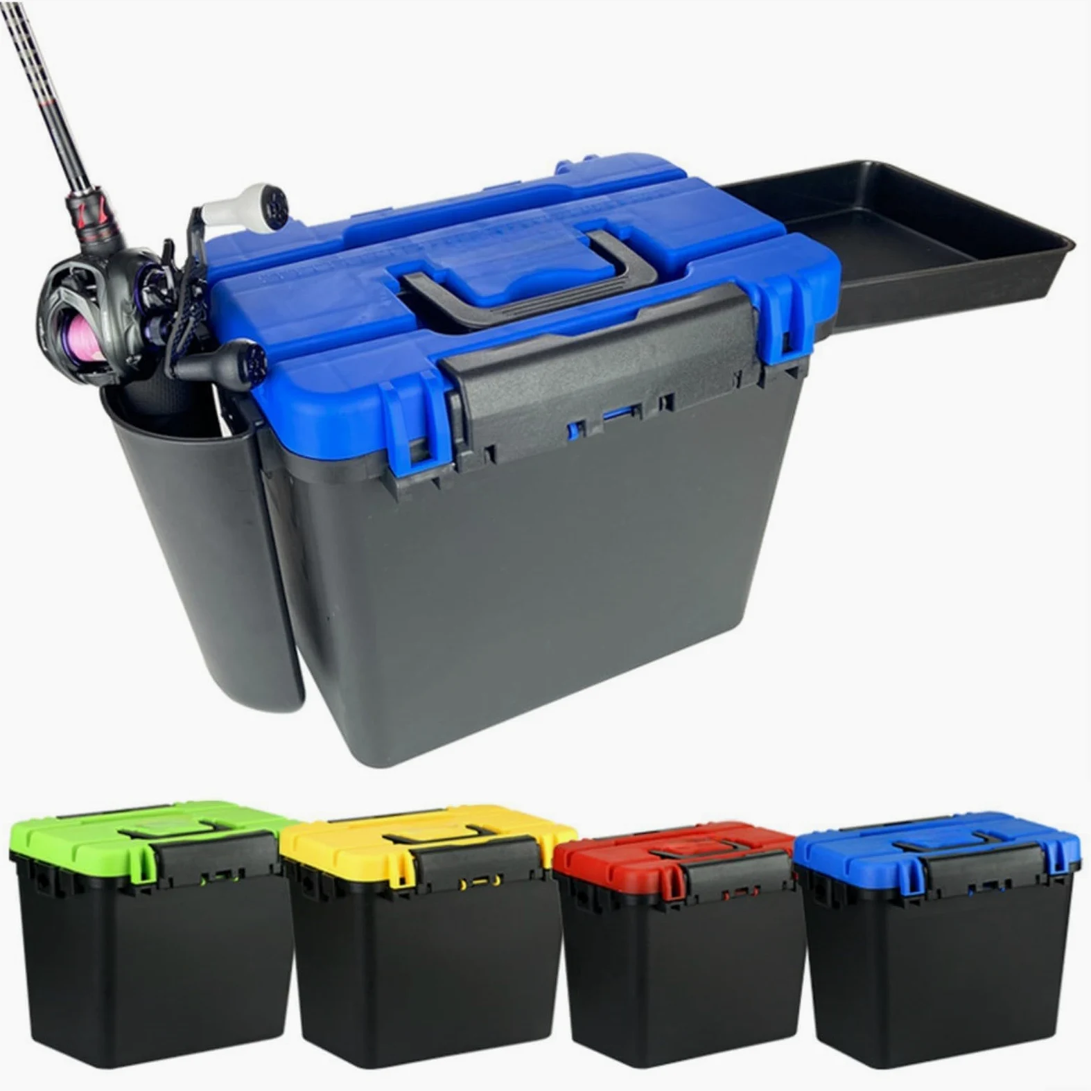 Caja de aparejos de pesca multifuncional con asa y correa para el hombro, estuche de almacenamiento de ABS grueso, accesorios de cebo, portátil para asiento al aire libre para pesca al aire