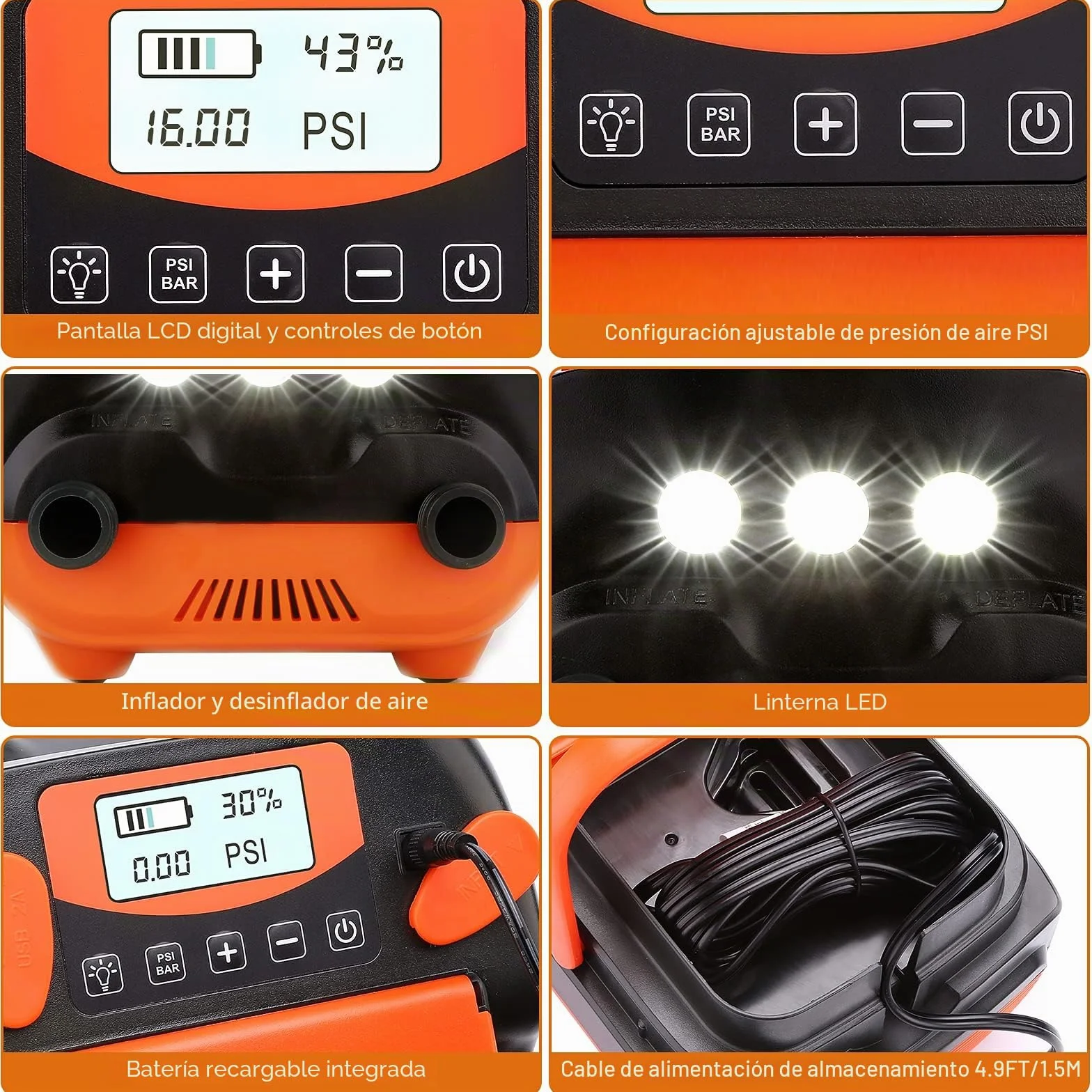 AGPtEK 6000mAh Bomba de Aire eléctrica Digital 16PSI 12V Recargable con Modo inflador y desinflador Rápido, Inflador Portátil de Alta Presión para Paddle Surf, Carpas, Sup y Botes inflables