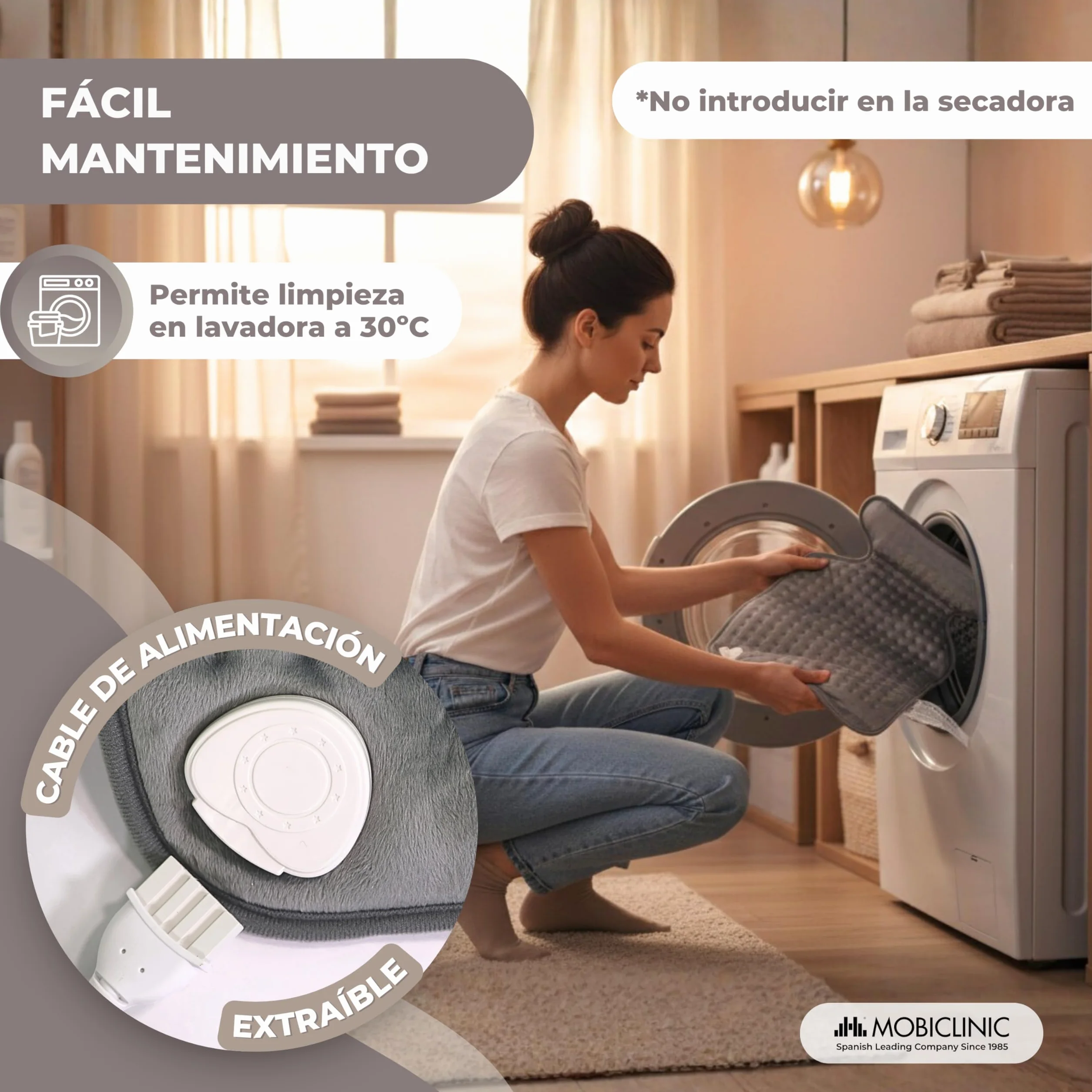 Mobiclinic Almohadilla eléctrica dorsal cervical 62x43 100W 3 niveles calor Apagado automático Lavable