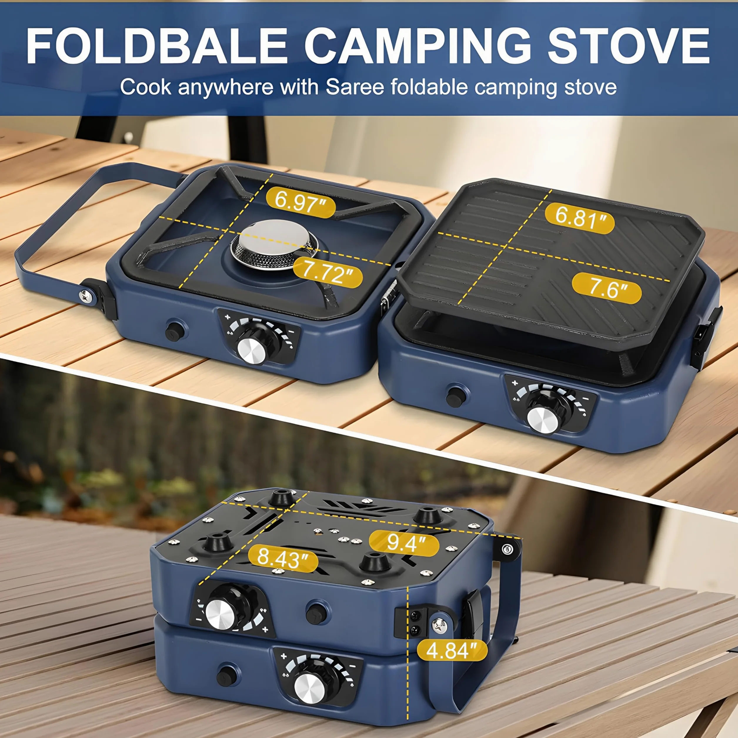 Estufa de camping de gas, parrilla portátil de barbacoa de 2000 W con plancha, quemadores ajustables de 16000 BTU y encendido piezoeléctrico para cocinar al aire libre, fiestas en el jardín y camping