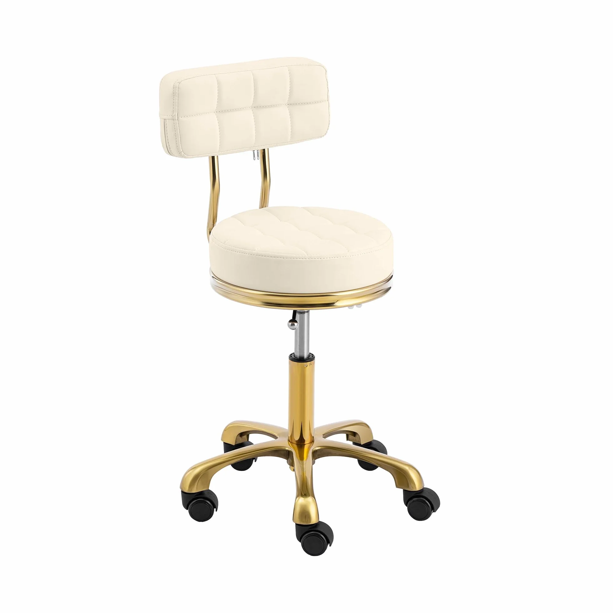physa Taburete de peluquería con ruedas, respaldo regulable 51-66 cm, 150 kg beis/dorado
