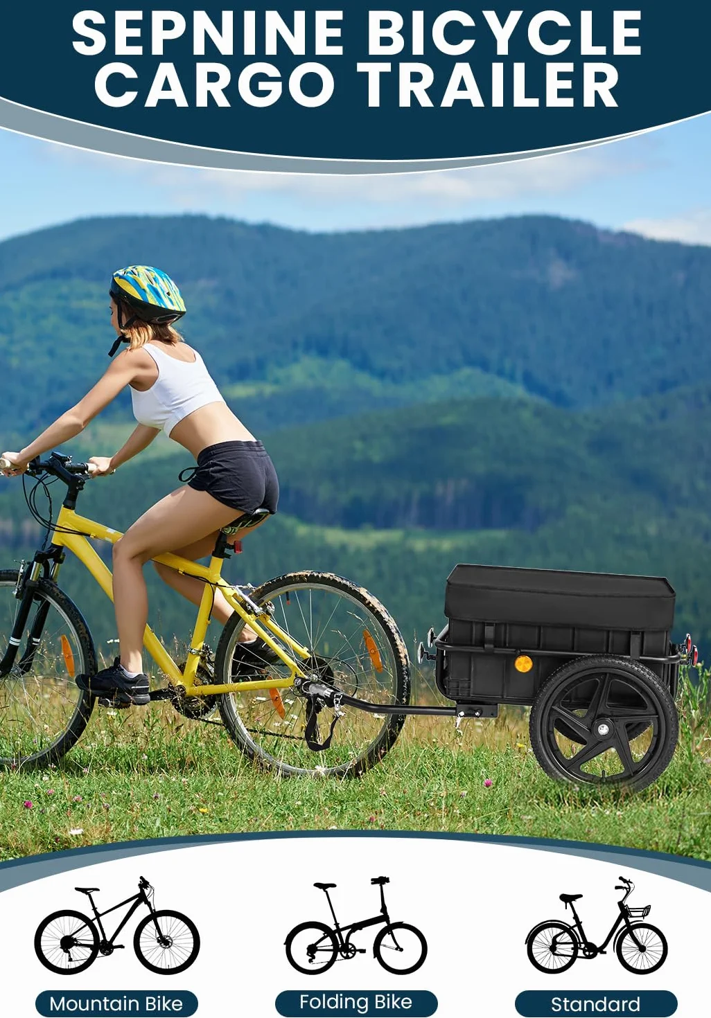 SEPNINE 2 en 1 Remolque de Bicicleta, Remolque de Carga con Enganche, Carro de Mano con Barra de Empuje, Marco de Hierro, Neumáticos de 40 cm, Capacidad de Carga de 40 kg