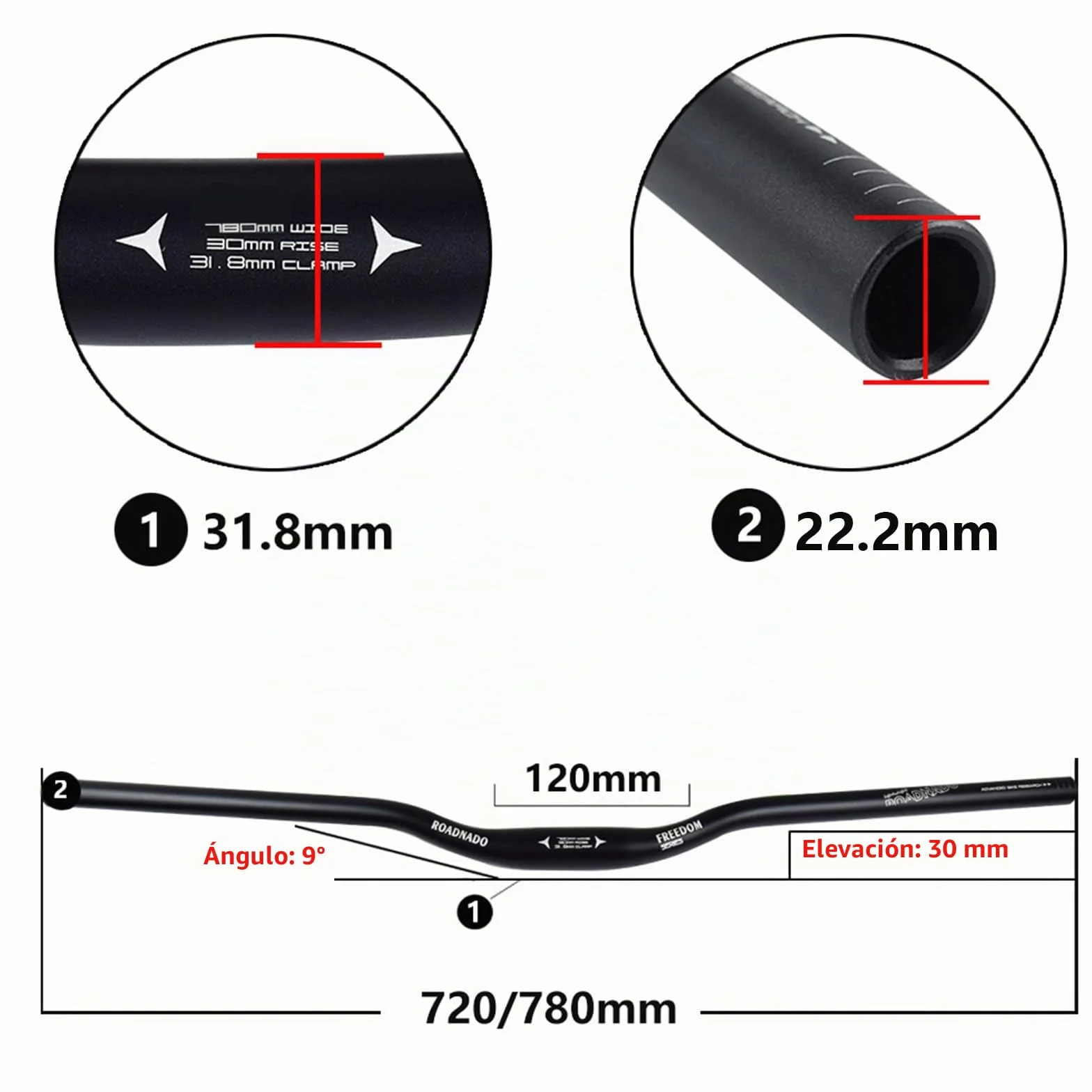 WAKE Manillares para bicicletas, Mountain Bike Manillar Ancho MTB Barras Elevadoras Mangos de Bicicleta de aleación de Aluminio extralargos Extra Largos para bajadas Off-Road 31.8 * 780MM Negro
