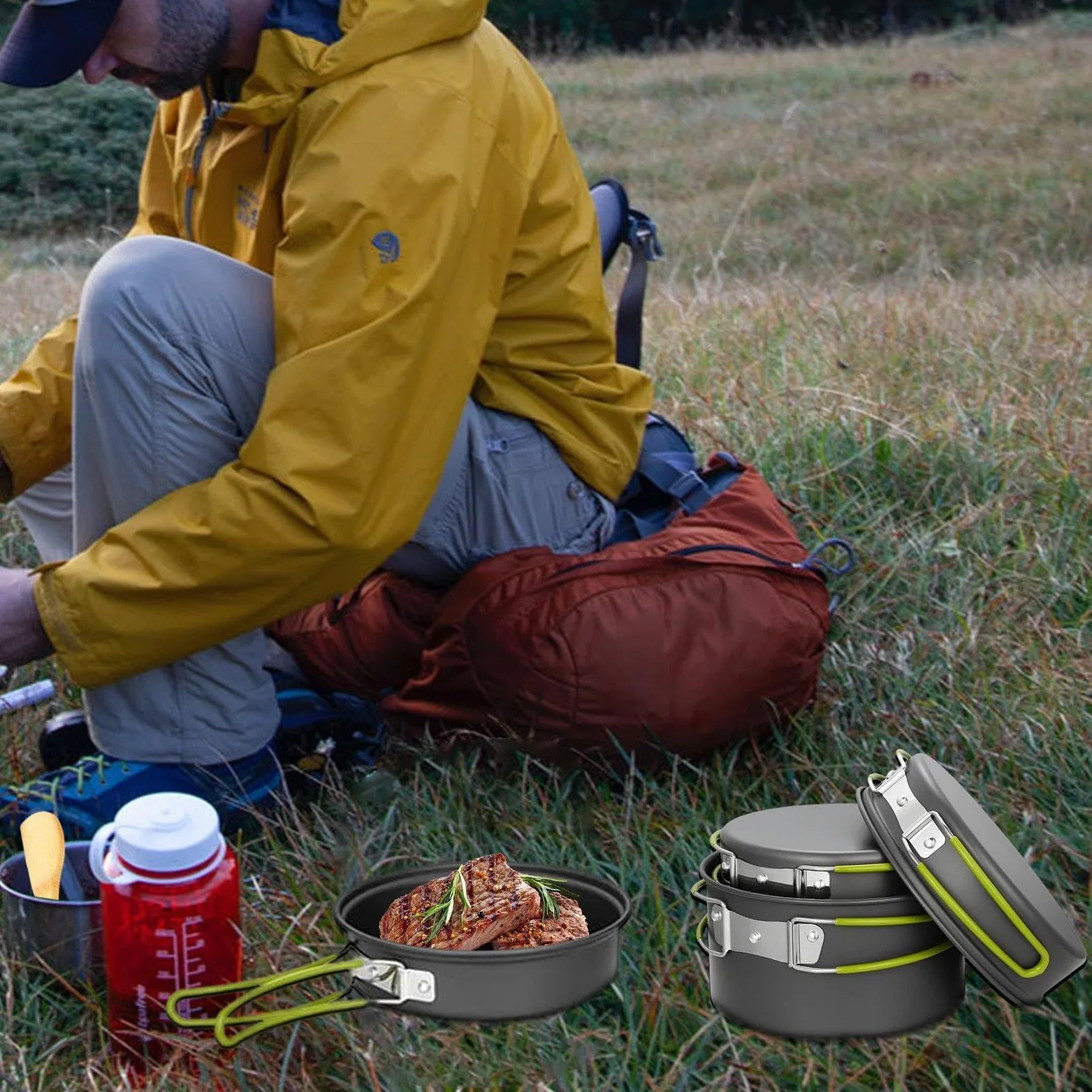 Olla Para Camping De Cocinar Sartenes y Planchas Antiadherentes | Equipo para Camping y Acampada para Excursionismo, Aire Libre, Picnic y Cocina para 2 a 3 Personas