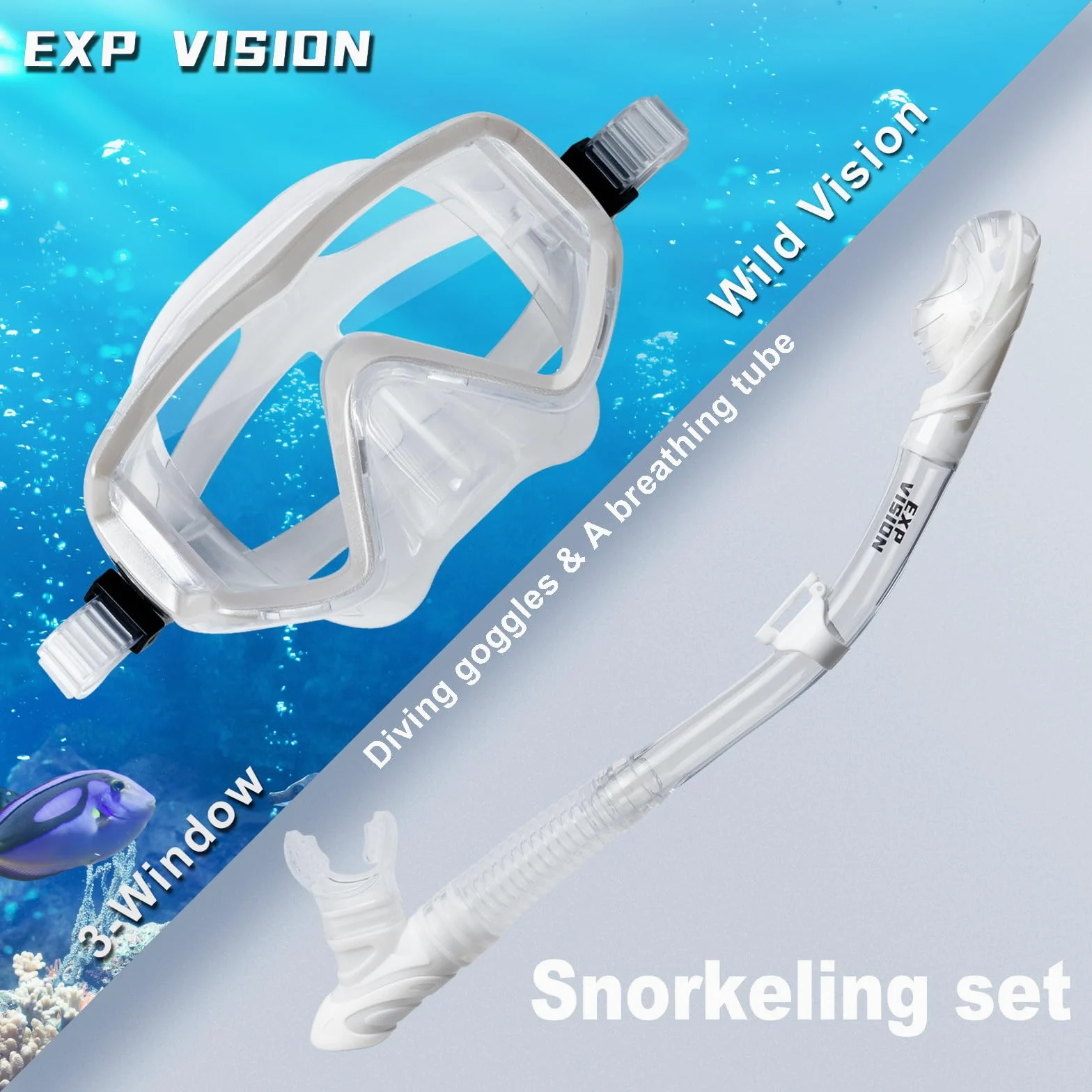 Pano - Juego de esnórquel de 3 ventanas para adultos, gafas de esnórquel profesionales, máscara de buceo antivaho, gafas de natación antifugas y esnórquel de parte superior seca para buceo, esnórquel