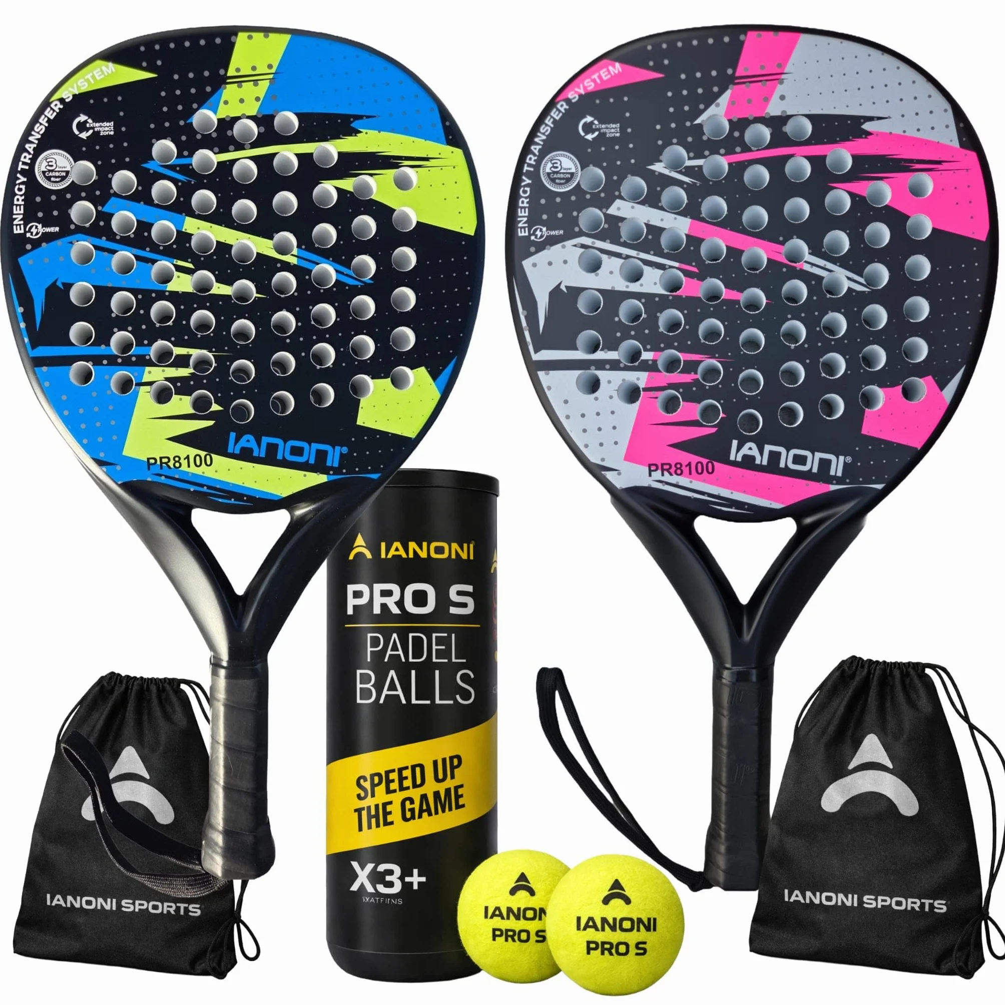 Ianoni Juego de iniciación de pala de pádel, 2 palas + 3 pelotas de pádel Pro S, jugadores principiantes e intermedios