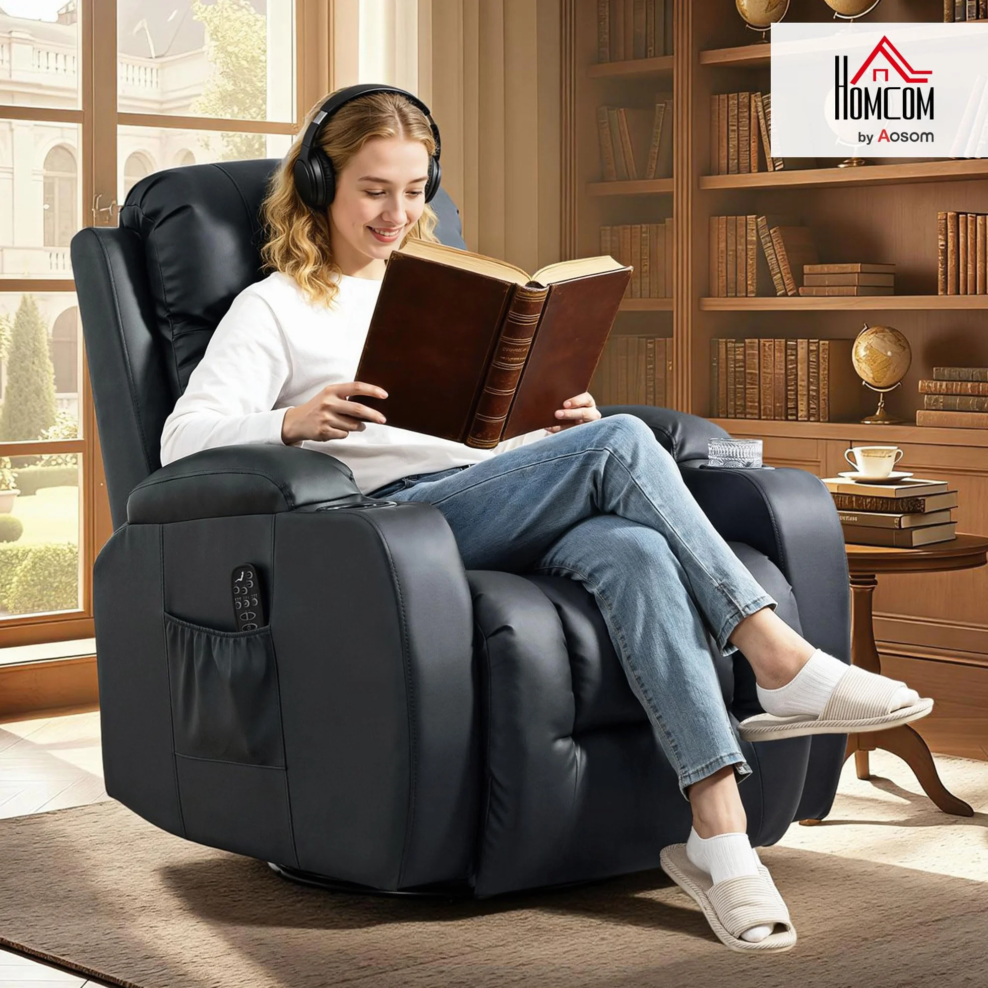 HOMCOM Sillón de Masaje Giratorio 8 Puntos Masaje Vibrante Reclinable Calefacción Lumbar Mando a Distancia 85x94x104 cm Negro