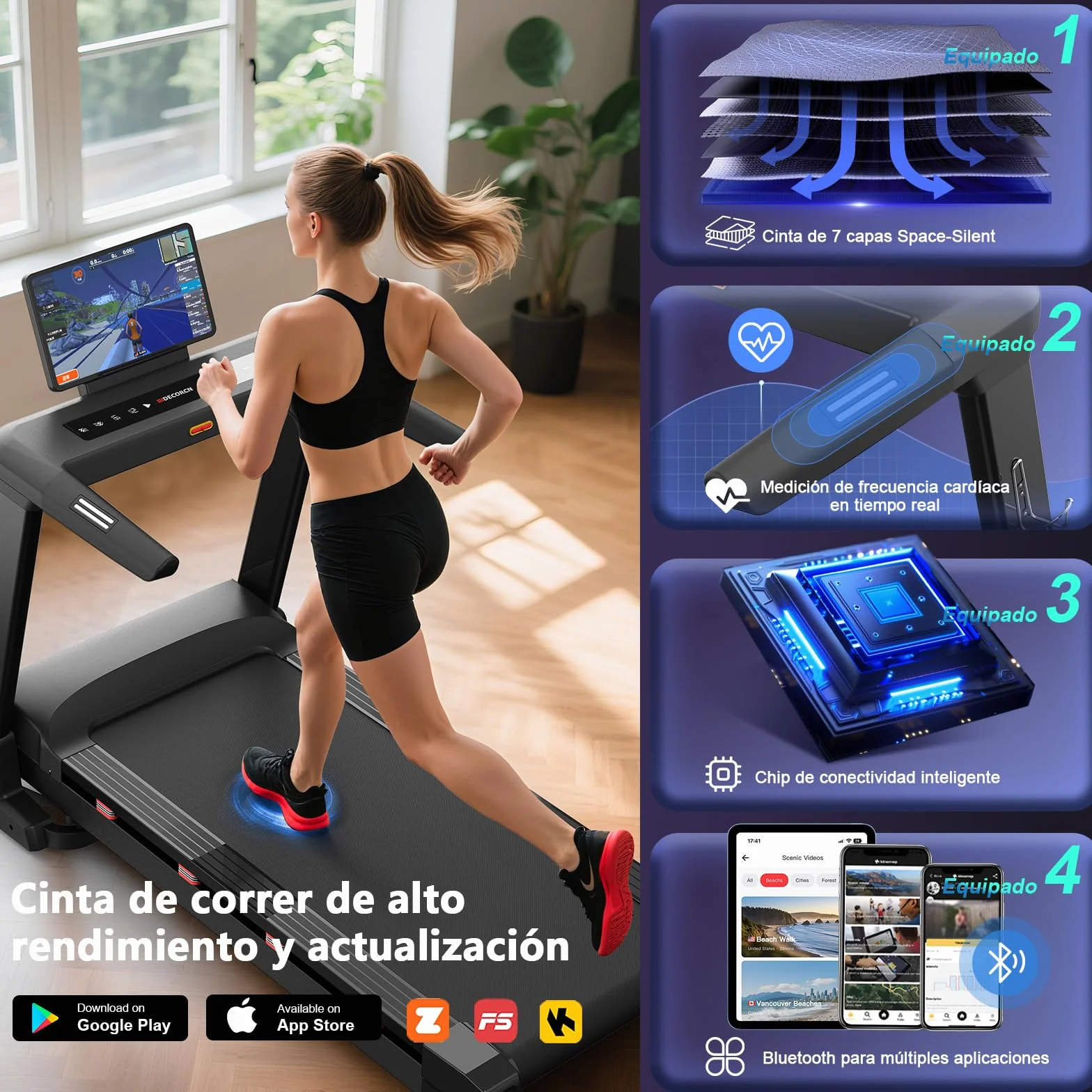 Cinta de Correr Plegable Profesional con App, Motor 7.5CV 20 km/h, Inclinación Automática 20 Niveles, Máquina de Correr para Gimnasio en Casa, Carga 200 kg, Silenciosa, Pantalla Táctil 15.6"