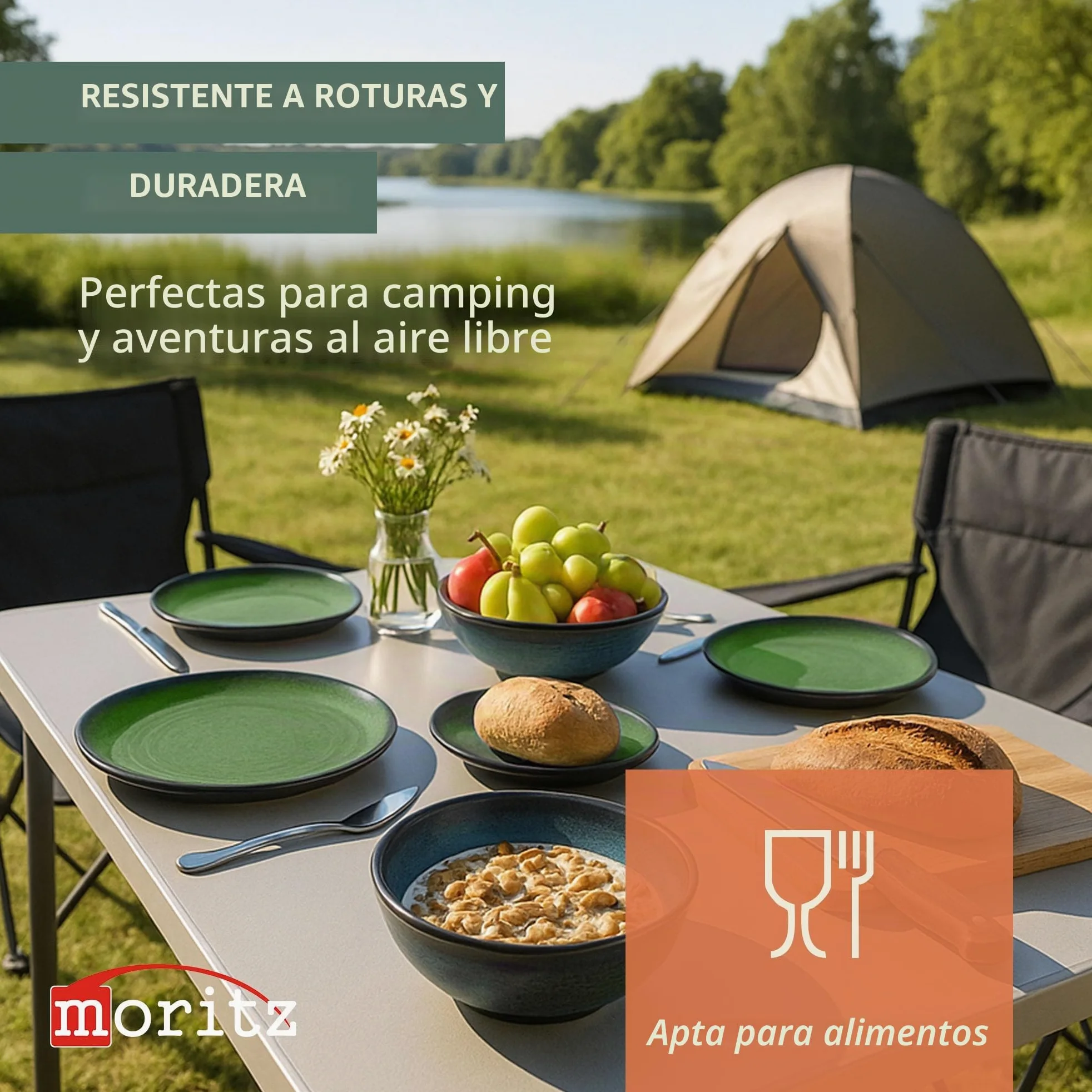Moritz Vajilla de melamina para camping para 4 personas, 12 piezas, apta para lavavajillas, vajilla de pícnic, vajilla de camping, diseño de piedra verde