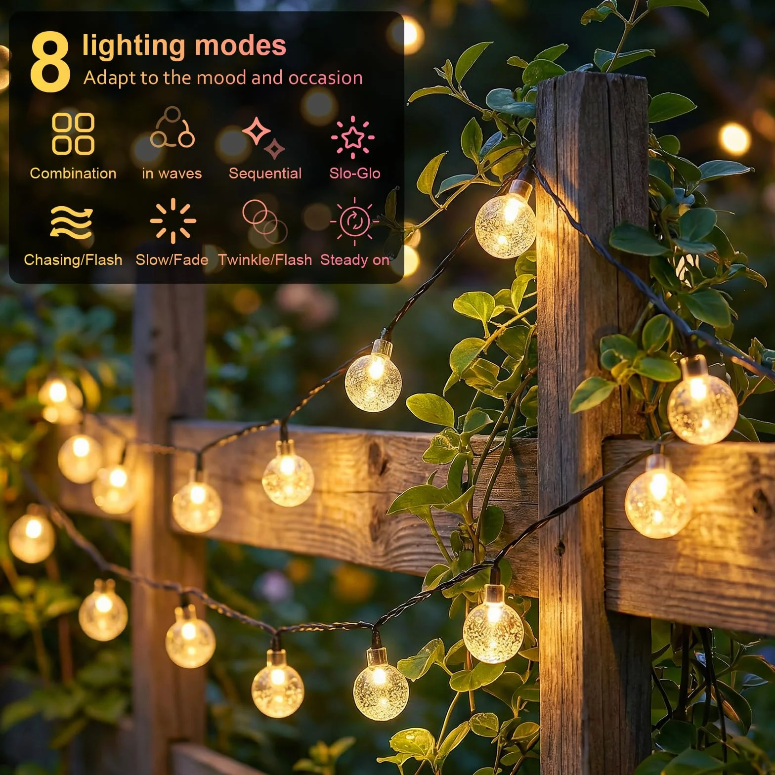 AGOTD Cadena de luces solares LED 40 IP65 8 modos bolas de cristal resistente al agua para exteriores
