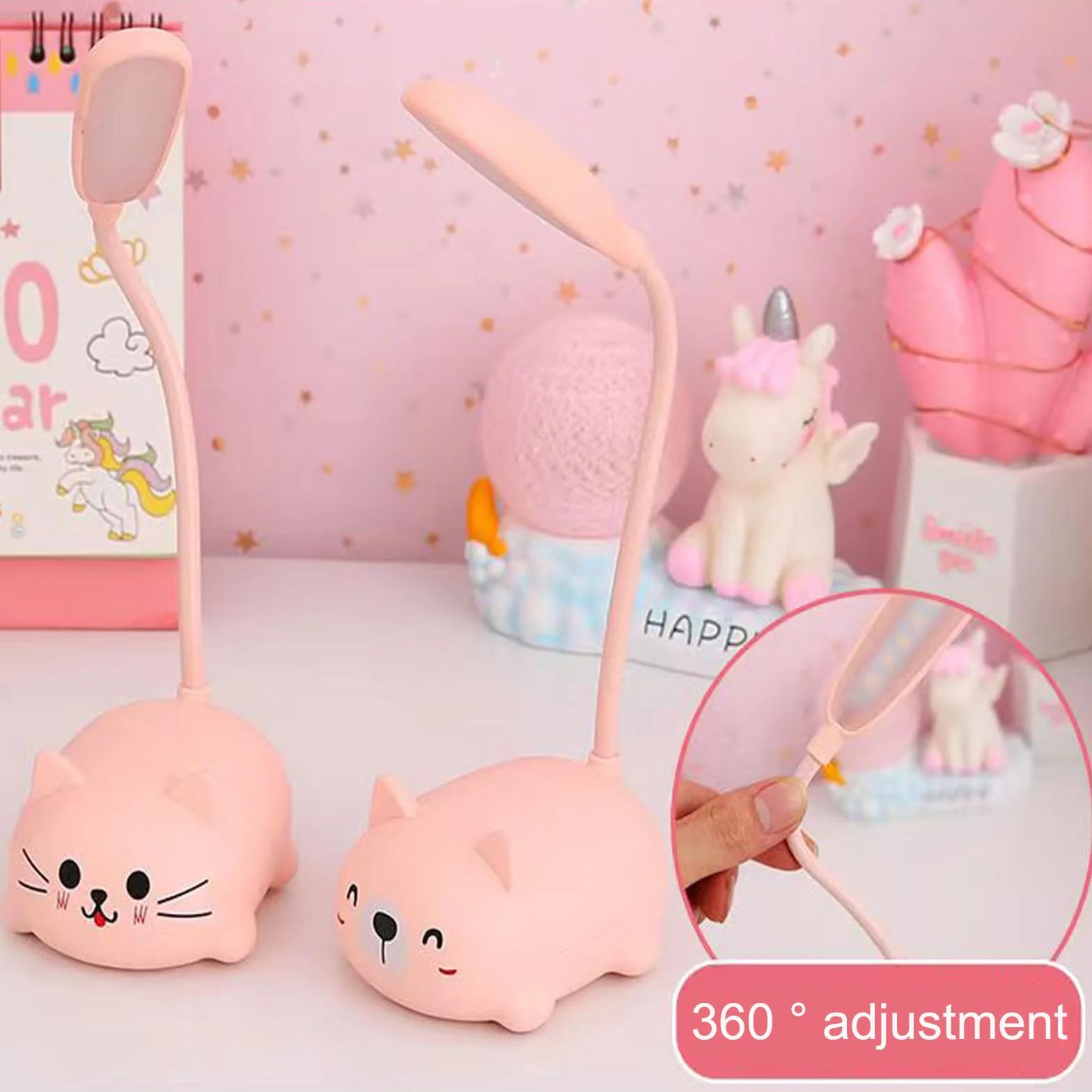 Lámpara LED de escritorio recargable por USB, mini luz nocturna de gato plegable, luz de mesa portátil rosa
