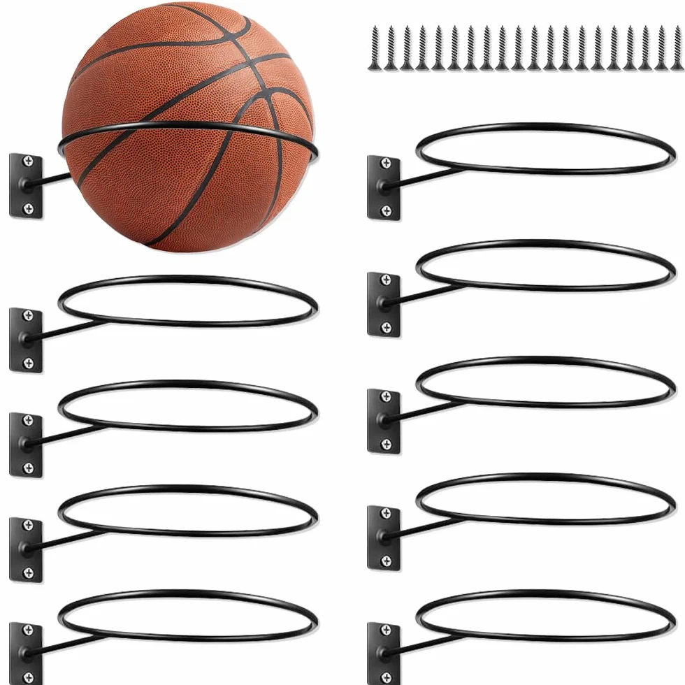mizikuu Soporte de Pared para Balones de Exhibición, 10 Piezas Metal Soporte de Exhibición de Pelota y 20 Tornillos Universal Soporte de Pelota para Baloncesto, Fútbol, Rugby, Voleibol, Pantalla