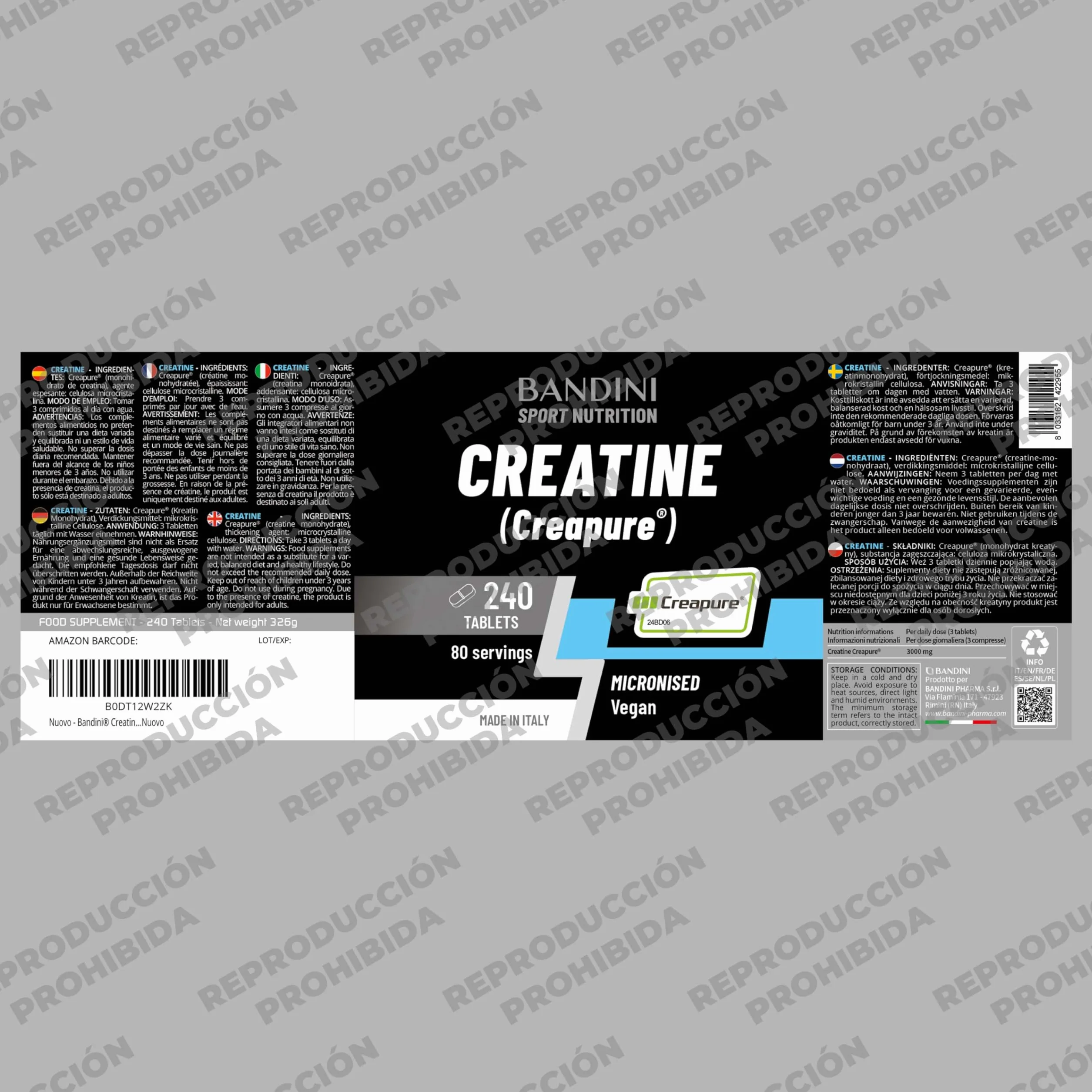 Bandini Creatine CREAPURE Monohidrato 240 Comprimidos Suplemento Deporte Gimnasio Vegano