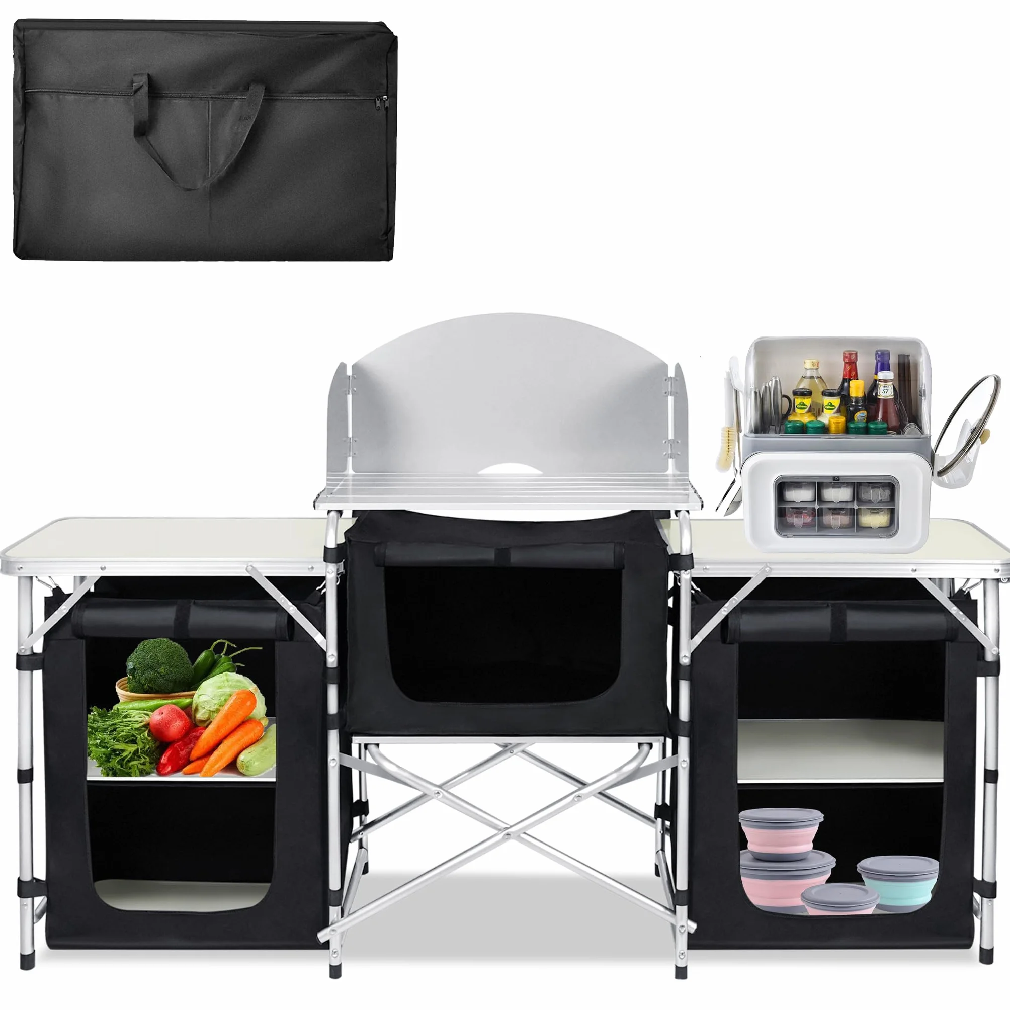 Armarios de camping al aire libre plegable cocina de camping de estructura de aluminio, tela Oxford lavable y paneles de MDF, armario de tienda de campaña, caja de cocina con bolsa de transporte