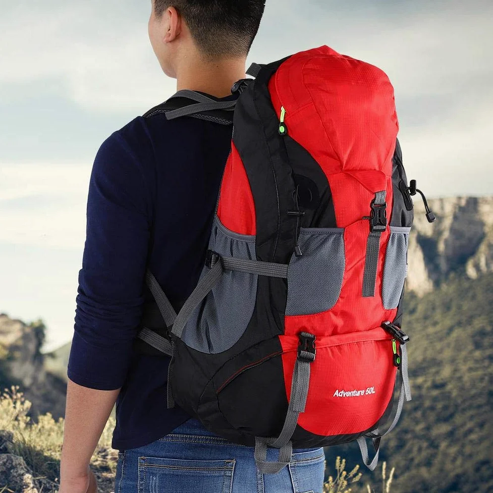 Bolsa de trekking de 50L, Mochila deportiva a prueba de agua Senderismo Mountaintop Moto Ski Unisex Mochila(rojo) Montañismo Y Camping Paquete De Montañismo