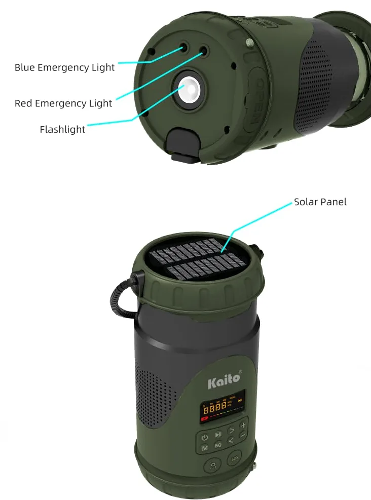 Kaito KL101 Linterna y linterna de emergencia para camping, manivela y energía solar, batería recargable de 5000 mAh, radio AM/FM/clima, impermeable, alarma SOS, carga USB