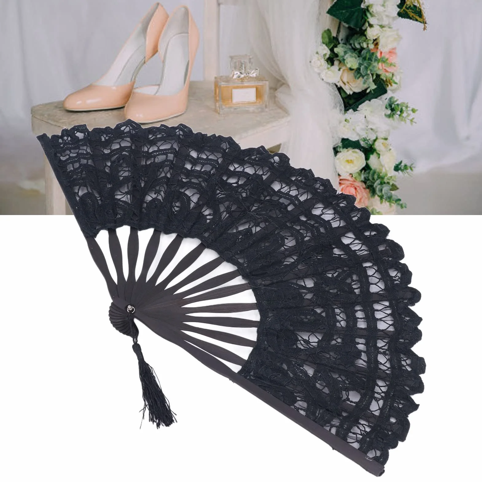 TOPINCN Abanico de Mano Plegable de Encaje de Algodón Abanico de Mano Nupcial Bordado con Bastones de bambú para la Decoración de la Boda Fiesta de Baile (Negro)