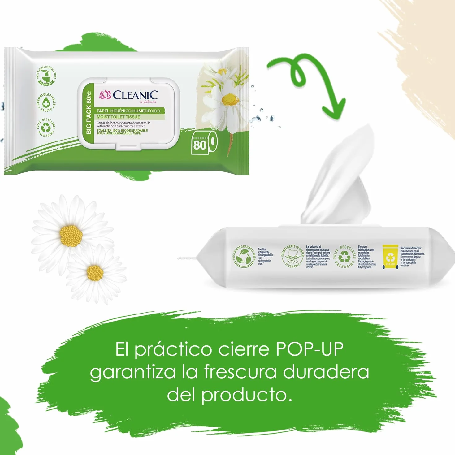 Cleanic Papel Higiénico Hidratado con Extracto de Manzanilla 80 Piezas - Toallitas Humedecidas para Limpieza Íntima