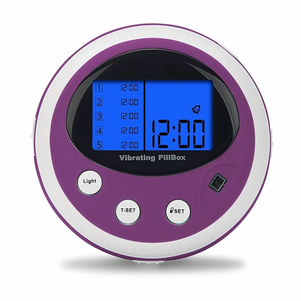 Pastillero con 5 compartimentos y 5 alarmas, color morado