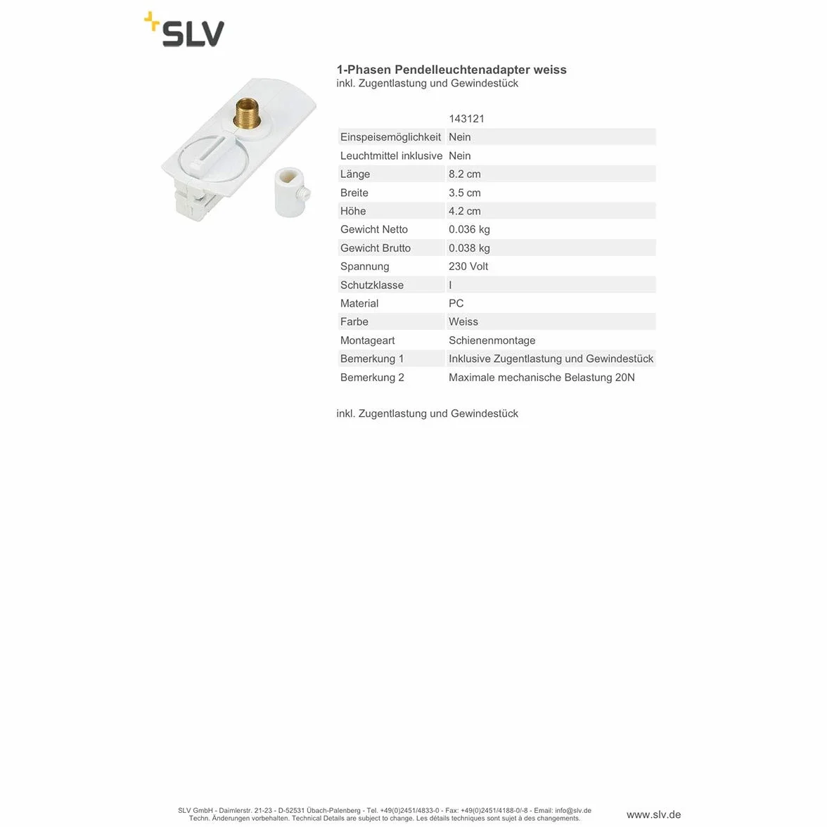 SLV Blanco Sistema Adaptador monofásico para luminaria de suspensión