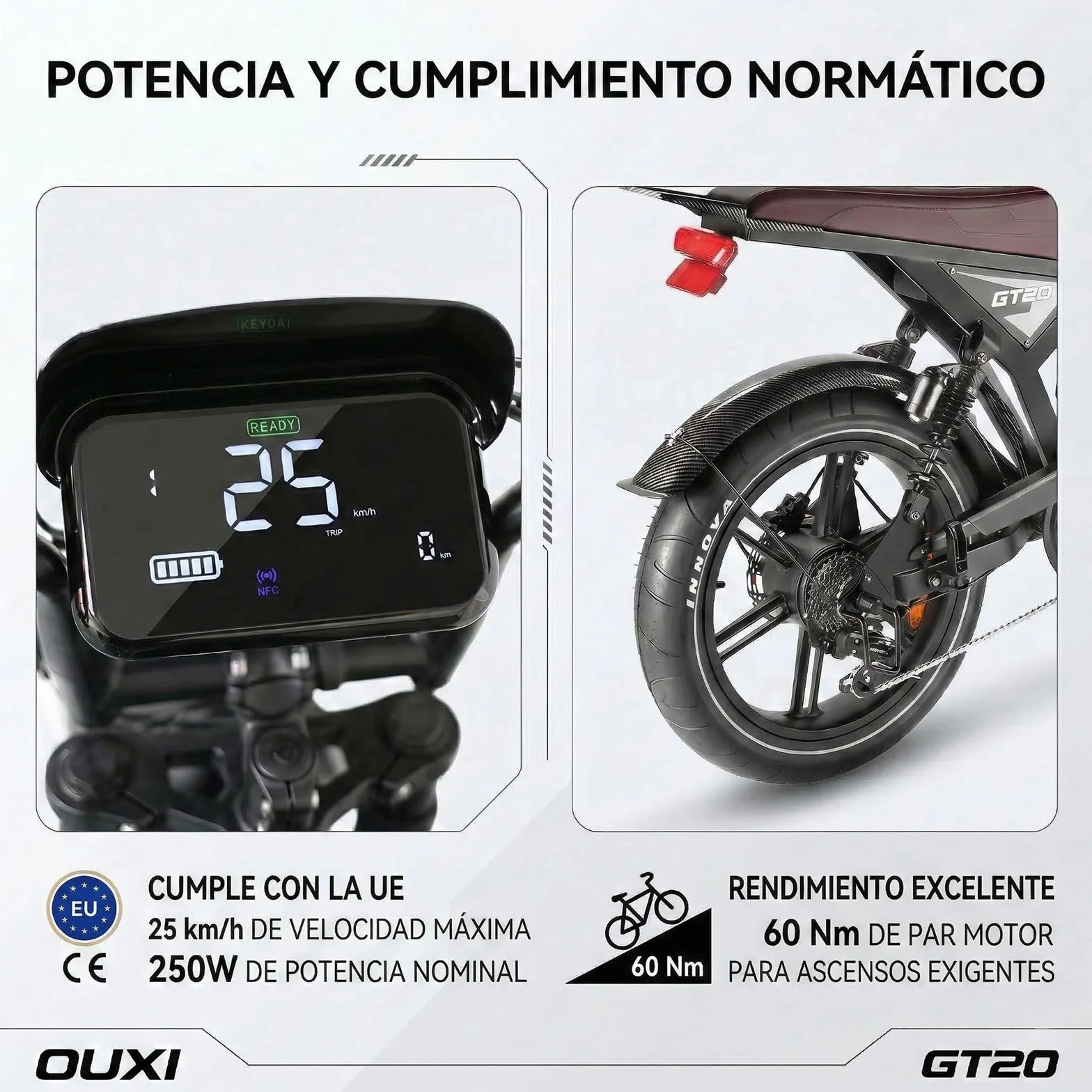 OUXI Bicicleta Eléctrica Adulto, E-Bike Fat Tire 20" x 4.0 Pulgadas, Motor Potente 60Nm, Batería 48V 15Ah, Frenos de Disco Hidráulicos, Doble Suspensión y Luces de Giro, Autonomía 30-60km