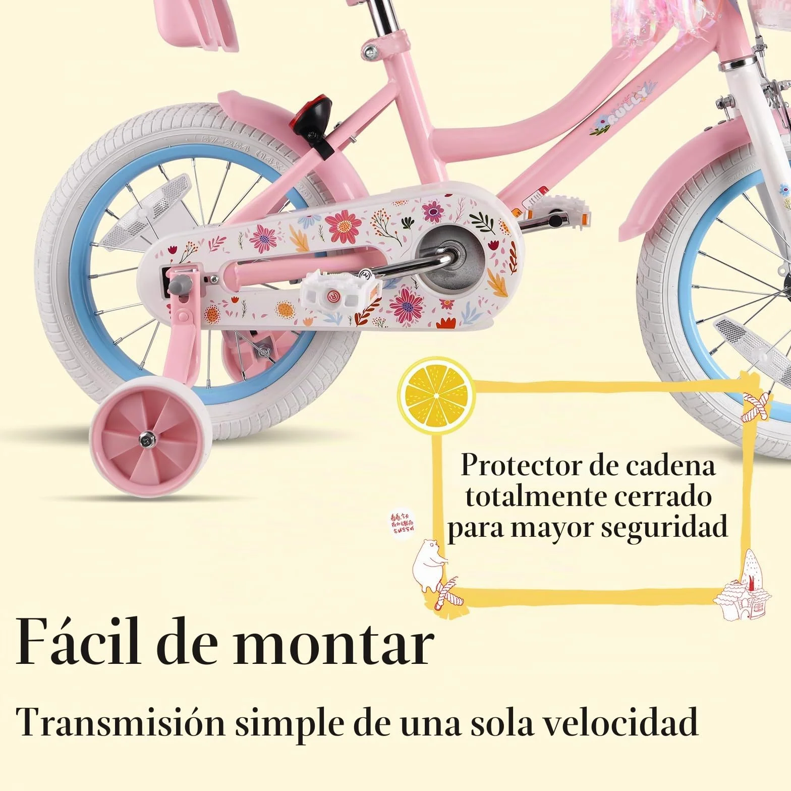 RULLY Daisy Bicicleta Niño 12 14 16 Pulgadas para Niñas de 2 a 7 Años - Bicicleta Princesa con Asiento Muñeca, Ruedas, Cesta y Cintas, Multicolor