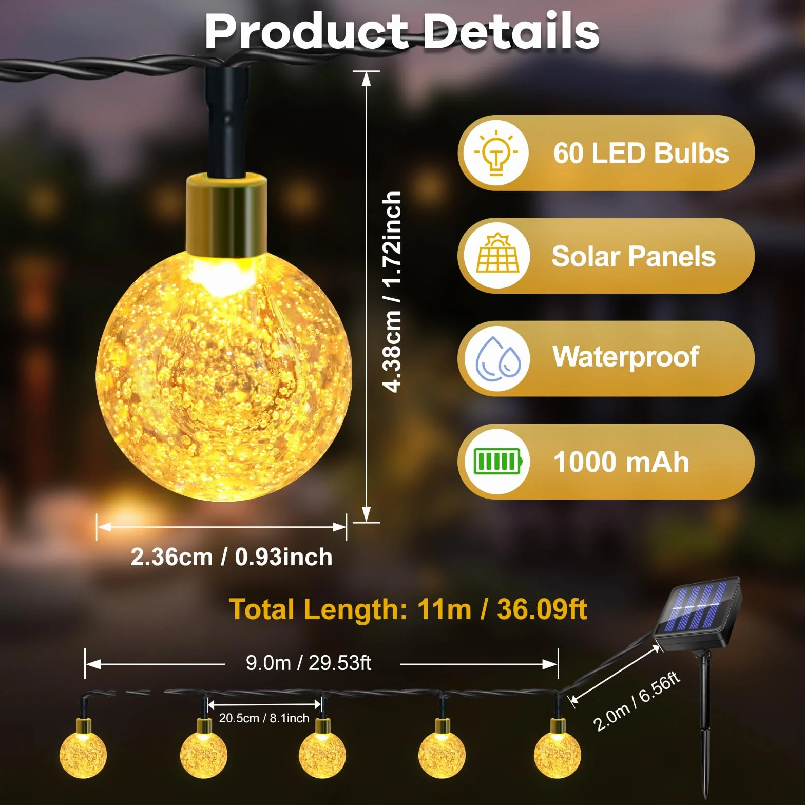 Guirnaldas Luces Exterior Solares 11M 60LED IP65 Impermeable 8 Modos Cadena Solar Blanco Cálido