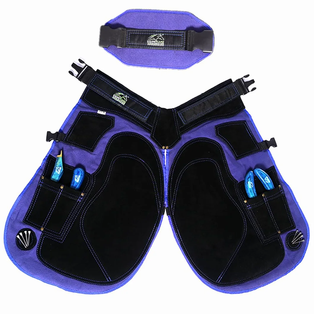 Equine Care Farrier - Chaparreras para delantal, 58,4 cm y 63,5 cm, piel de ante y lona, 4 bolsillos, 2 imanes, herradura de caballo y recorte de pezuñas, azul/negro, 23 pulgadas de longitud