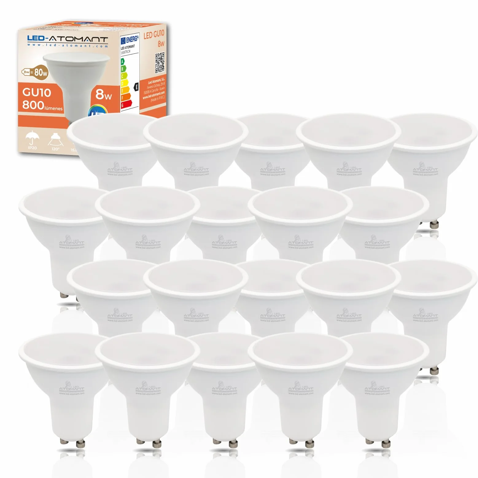 LED ATOMANT Pack 20 Bombilla GU10 8W Blanco Frio 6500K 800 Lumenes