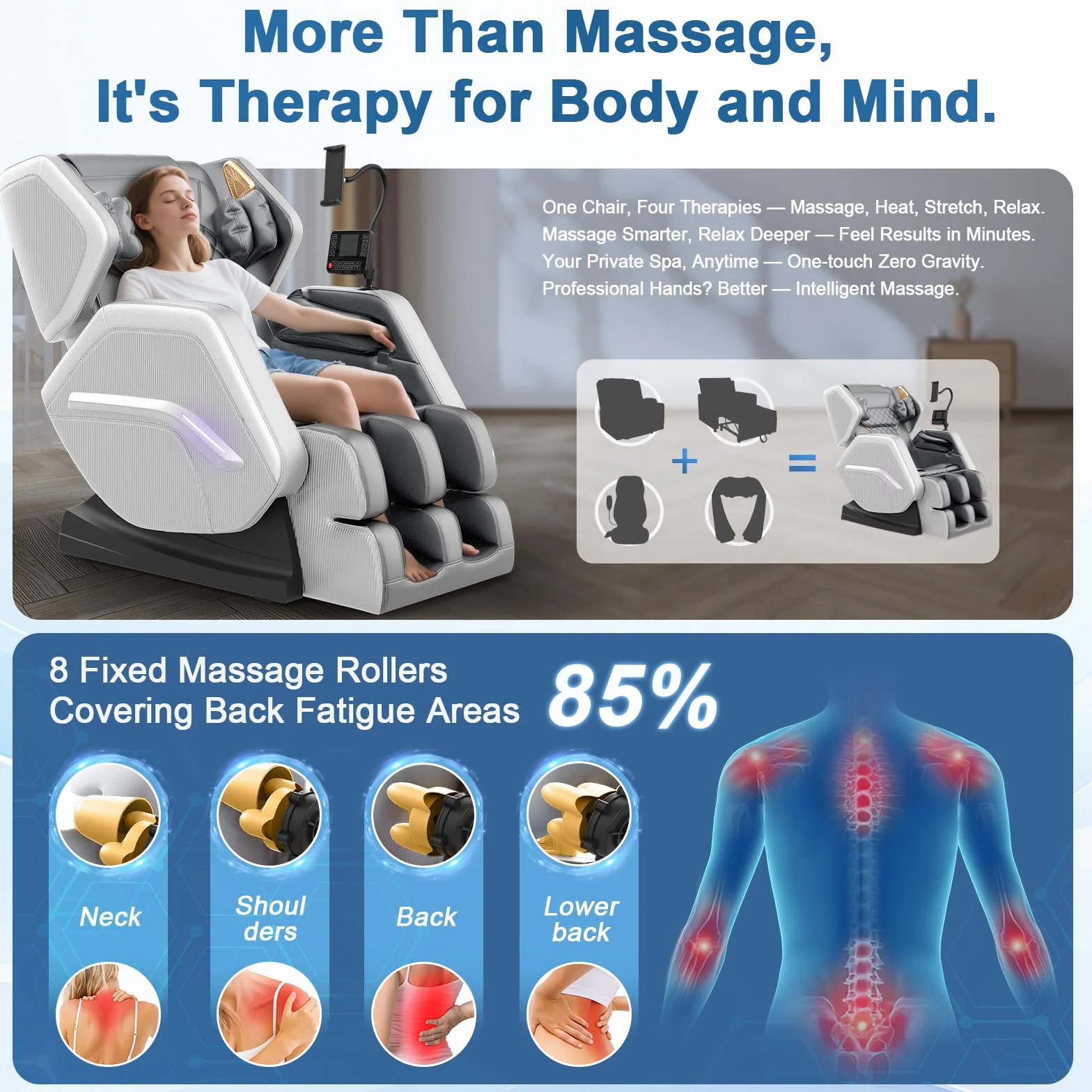 Sillón de Masaje Reclinable Cuerpo Completo 14 Rodillos 8 Bolsas de Aire Calefacción Masaje de Pies Bluetooth Control Remoto