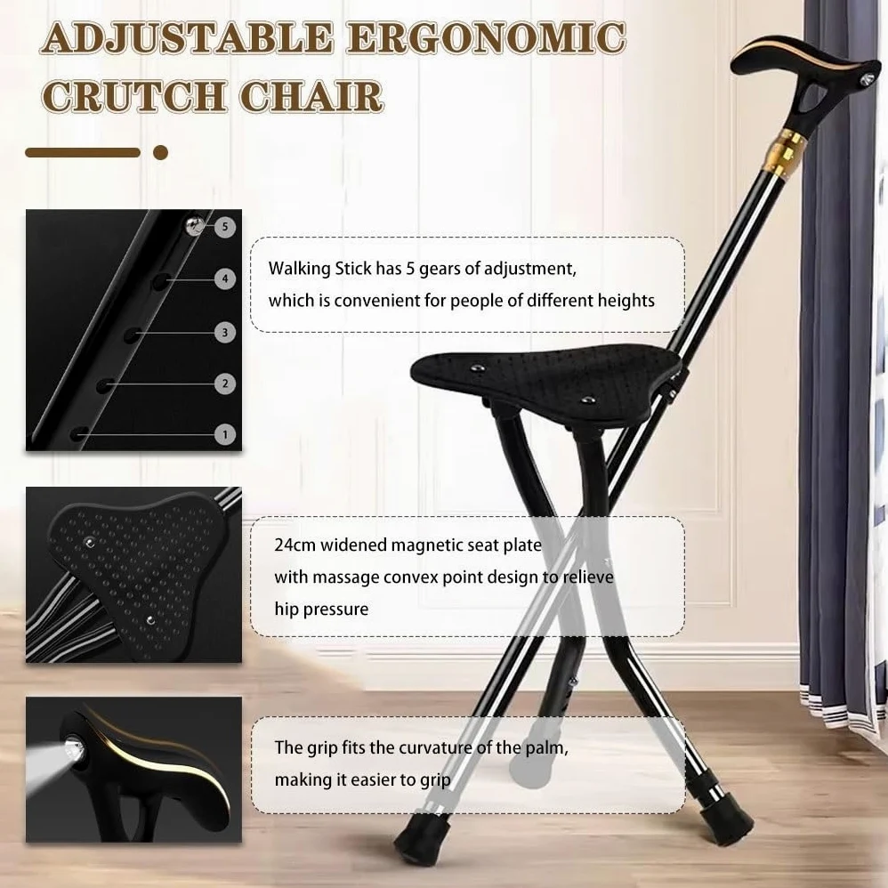 Silla Plegable, Taburete de bastón con luz LED y Alarma, 5 Marchas, Altura: 24 x 80-90 cm, Color Negro