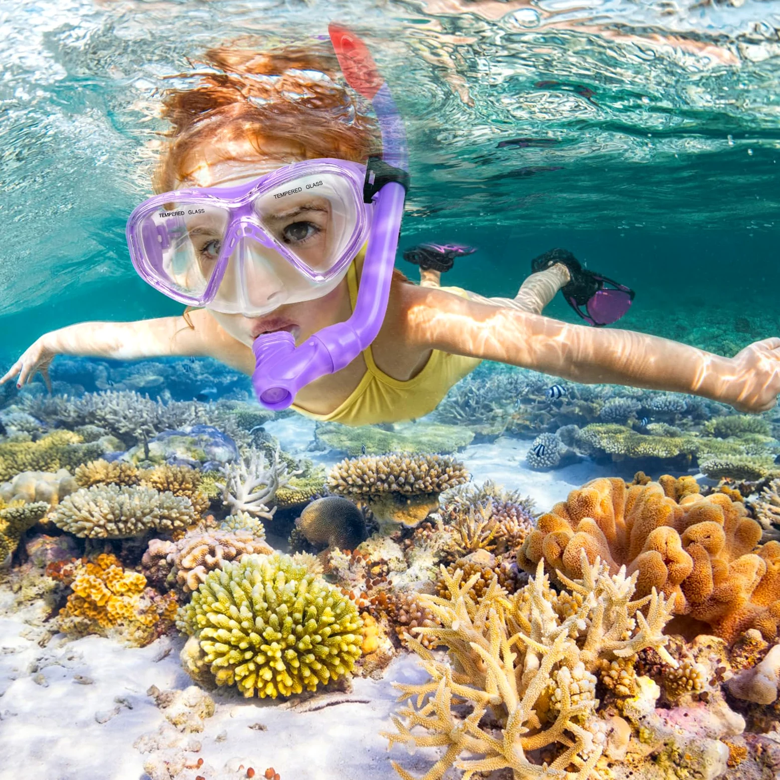 Juego de 2 juegos de esnórquel para niños, equipo de esnórquel para niños, jóvenes, niñas de 5 a 15 años, máscara de buceo de vidrio templado y juego de esnórquel, vista panorámica de 180 grados