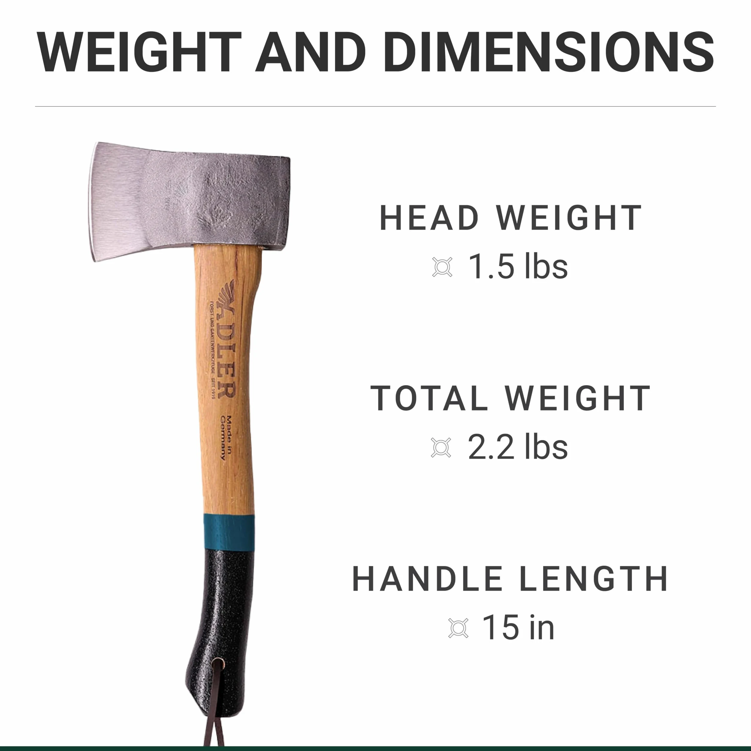 Adler Yankee Hatchet – alemán fabricado con un mango de 15 pulgadas recubierto con pintura de agarre antideslizante – 1,5 libras de peso de la cabeza Funda de piel y bolsa de almacenamiento de