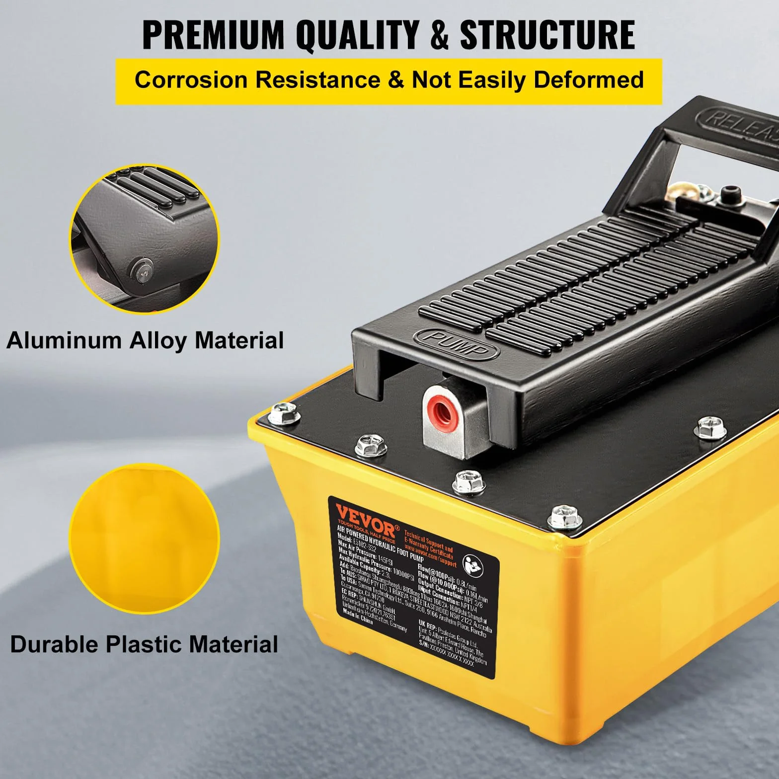VEVOR Bomba Hidráulica de Pie 10000psi, Bomba Neumática Hidráulica con Manguera 200mm y Pistola Rociadora, Capacidad 2.3L Bomba Hidráulica de Aire Control de Pedal Simple para Maquinari