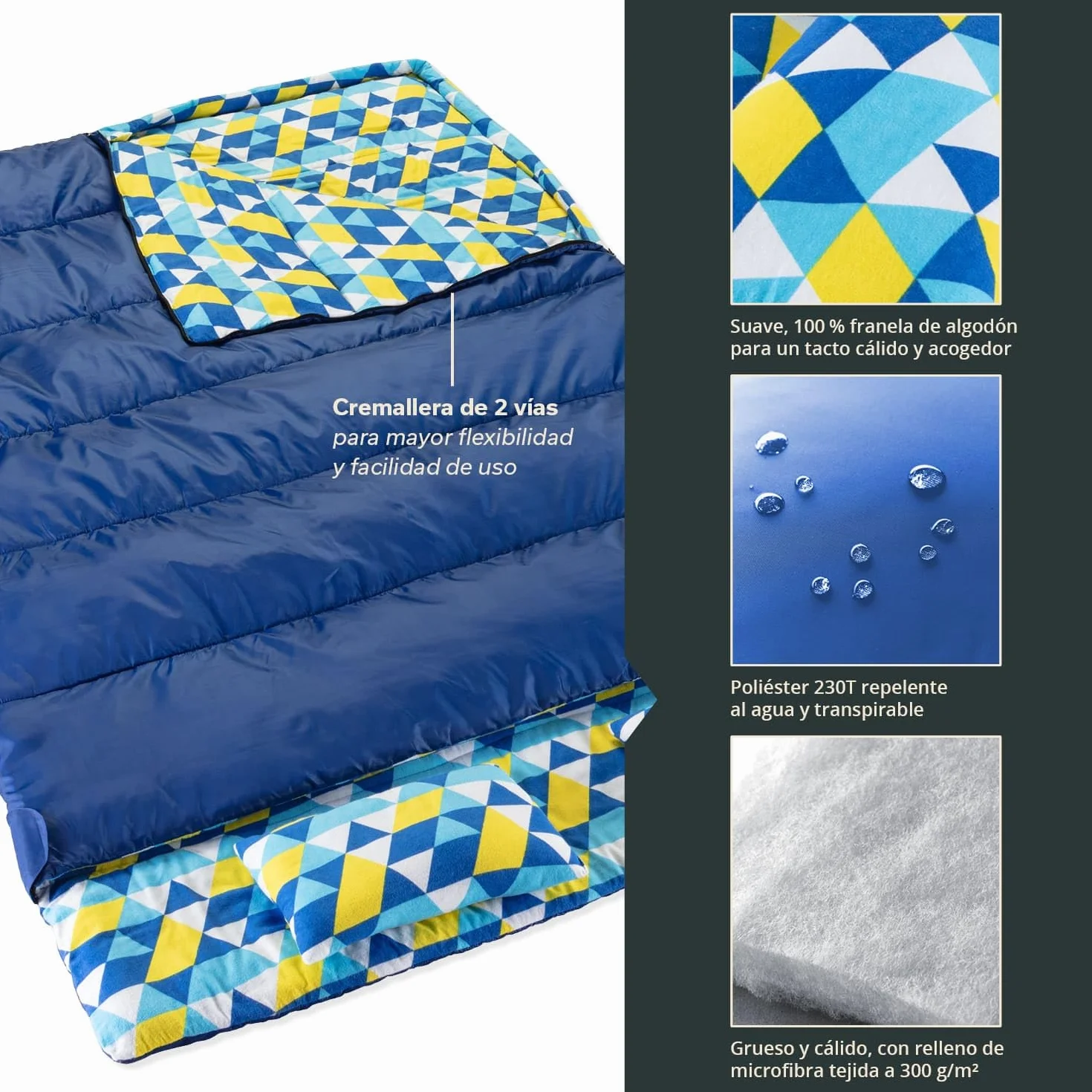 Skandika Iceland Saco de Dormir Doble de Franela XXL| con Forro de algodón para Adultos, Separable, hasta 0°C, 220 x 150 cm | Invierno Camping Senderismo