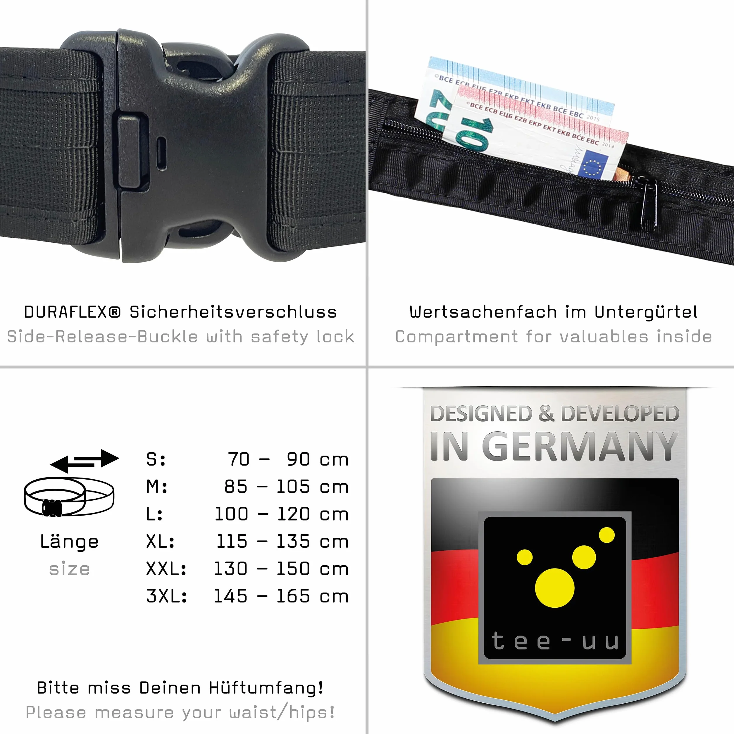tee-uu Juego completo de cinturón de seguridad (S-XXL), color negro, incluye cinturón interior y juego de Belt Keeper, XXL (contorno de cadera 130 – 150 cm)
