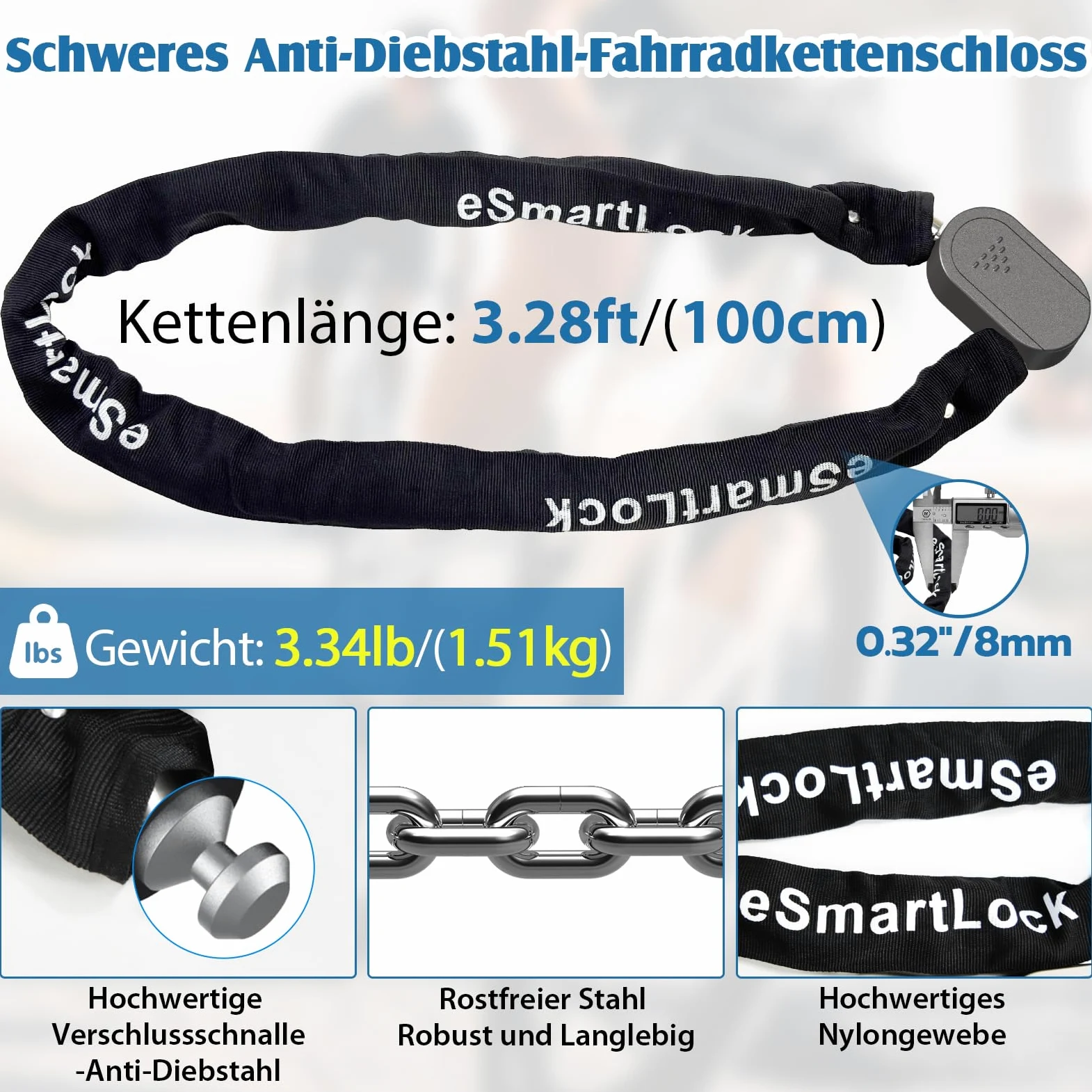Anweller Candado para bicicleta con huella dactilar con llave, 100 cm, 8 mm de grosor, alta seguridad, resistente al agua para bicicleta/e-scooter/bicicleta eléctrica/MTB/motocicleta/bicicleta de
