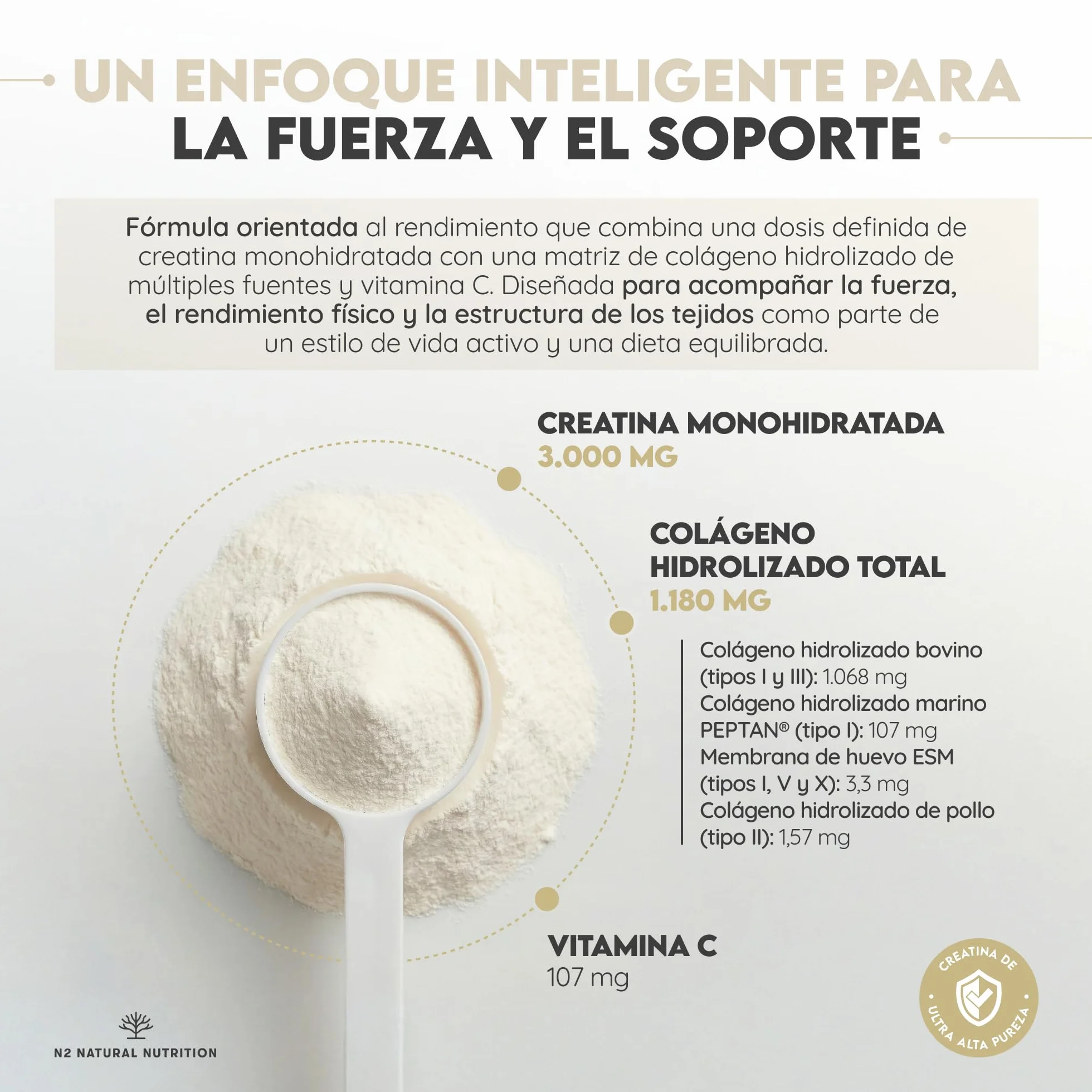 N2 Natural Nutrition Creatina Monohidratada + Multi Colágeno Hidrolizado con Vitamina C en polvo 3000mg 70 Dosis