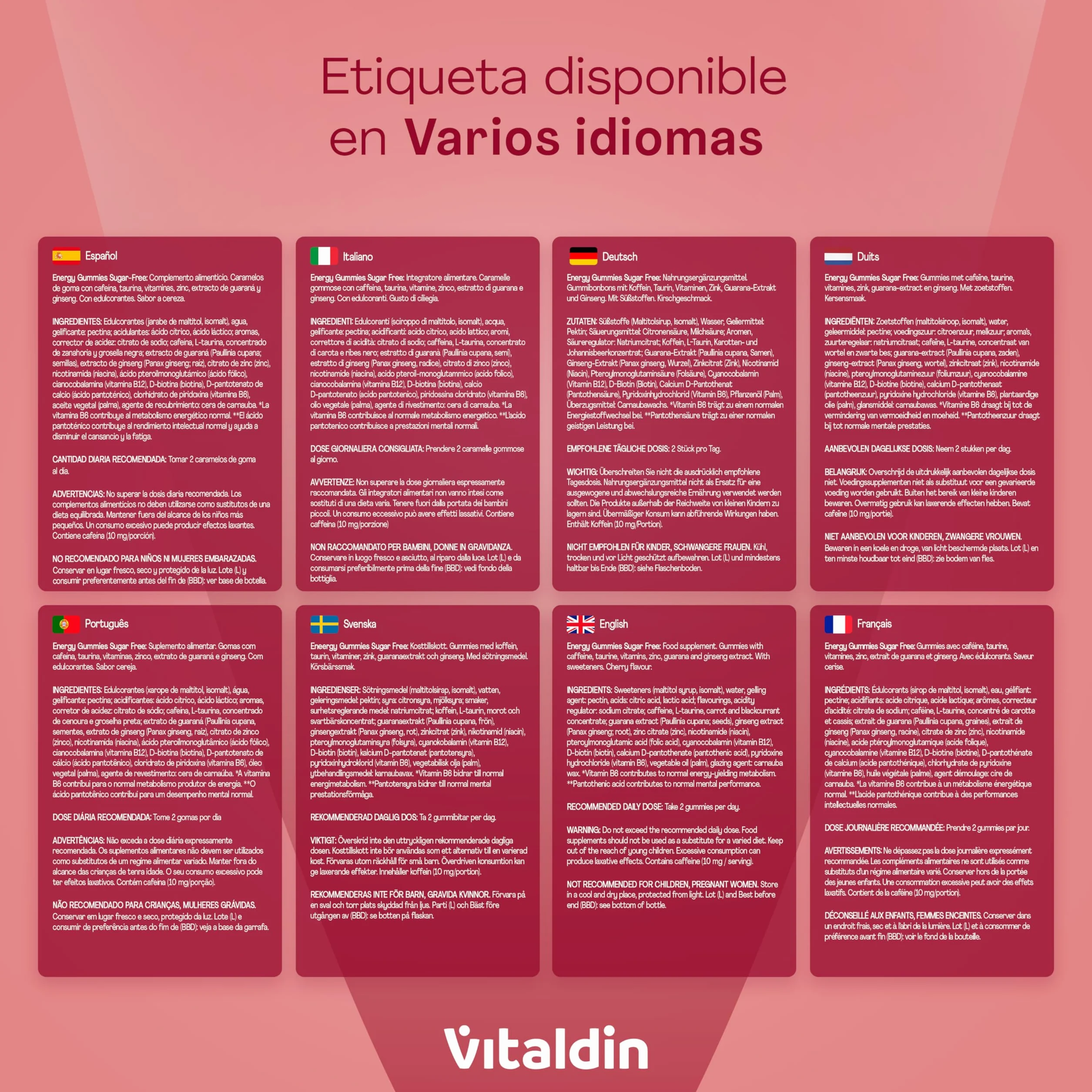VITALDIN Energy Gummies Veganas Sin Azúcares Añadidos con Ginseng Guaraná Cafeína Taurina Vitaminas B 70 gomas